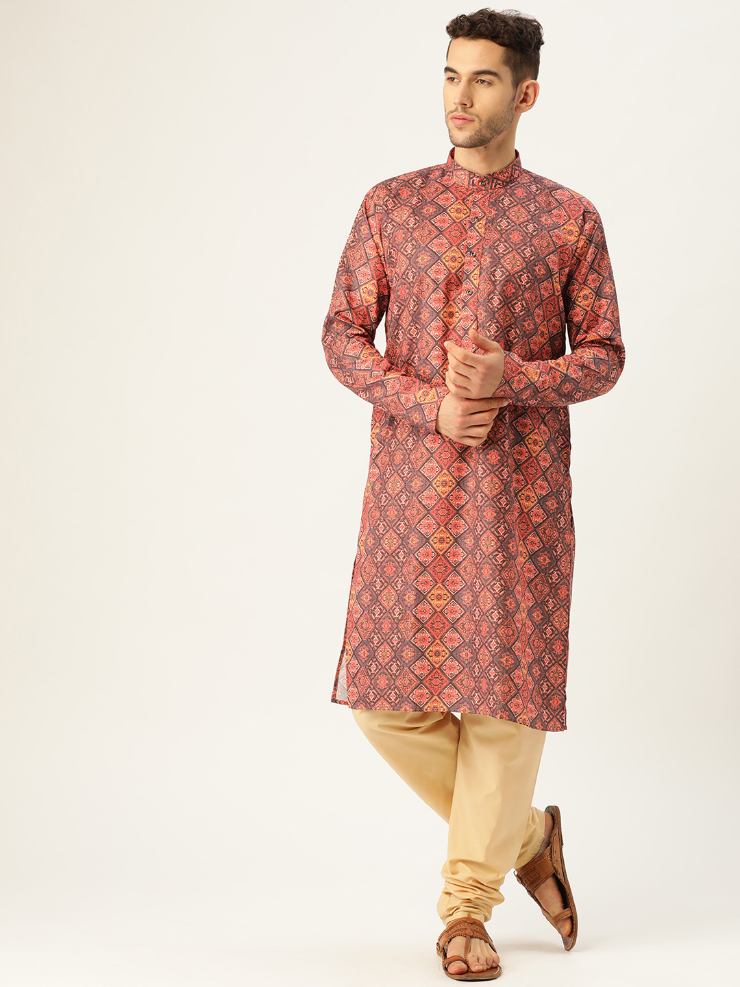 

SOJANYA Men Rust Orange & Black Printed Straight Kurta