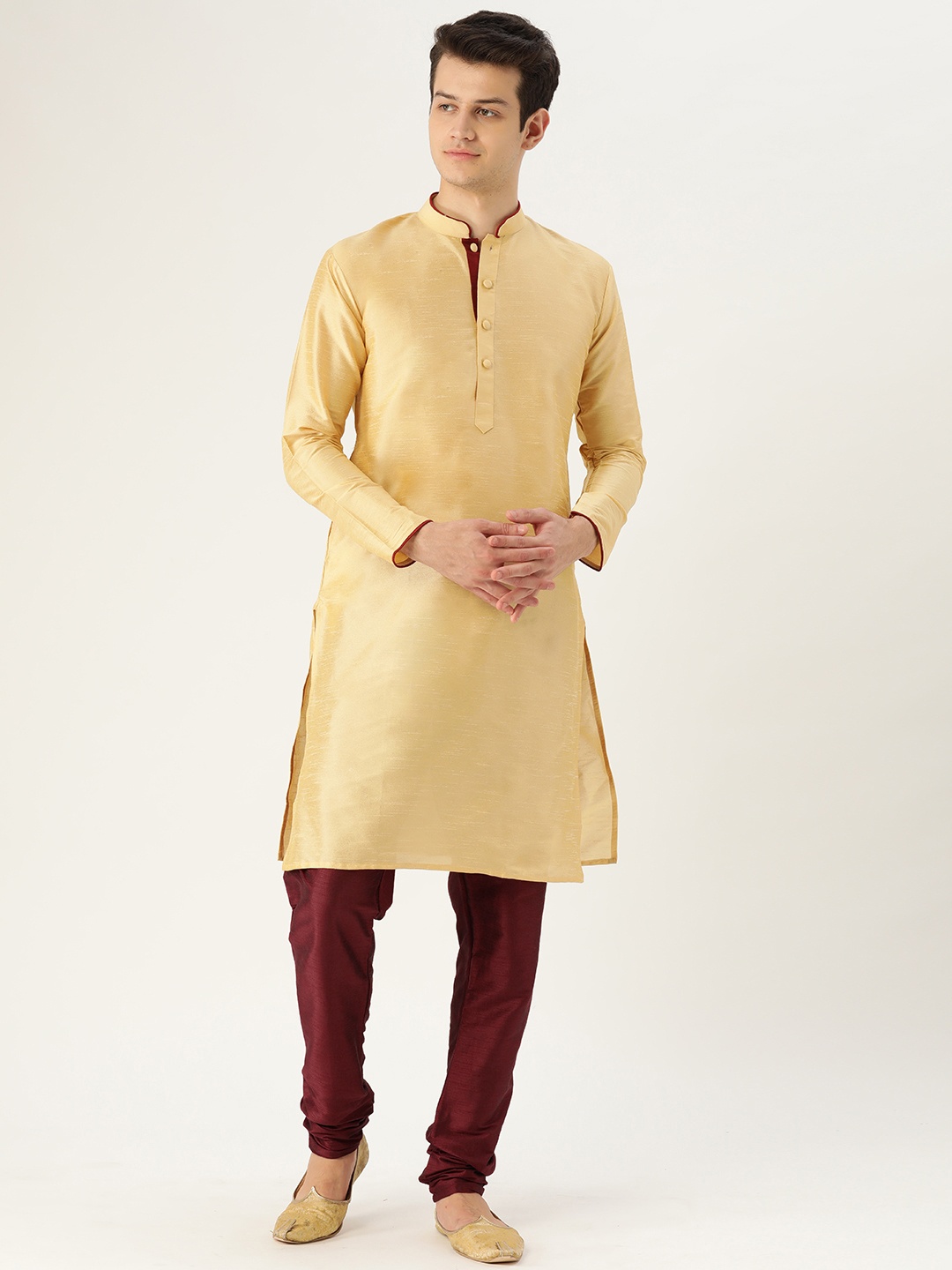 

SOJANYA Men Golden & Maroon Solid Kurta with Churidar, Gold