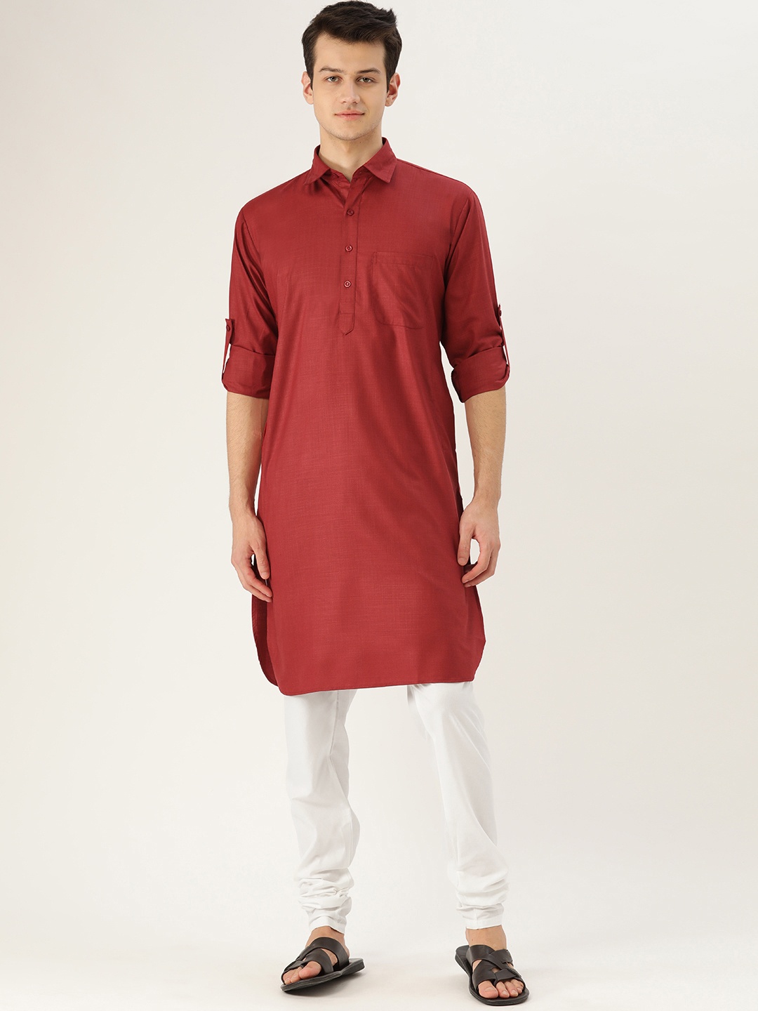 

SOJANYA Men Maroon & White Solid Pathani Kurta with Churidar