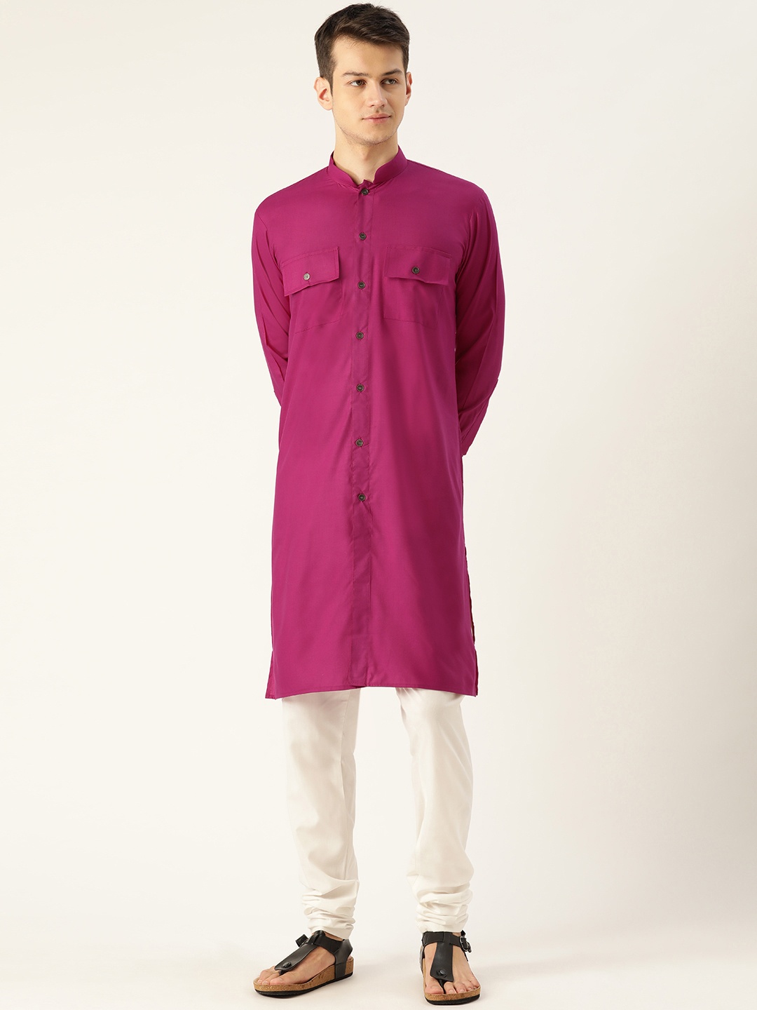 

SOJANYA Men Pink & White Solid Kurta with Churidar