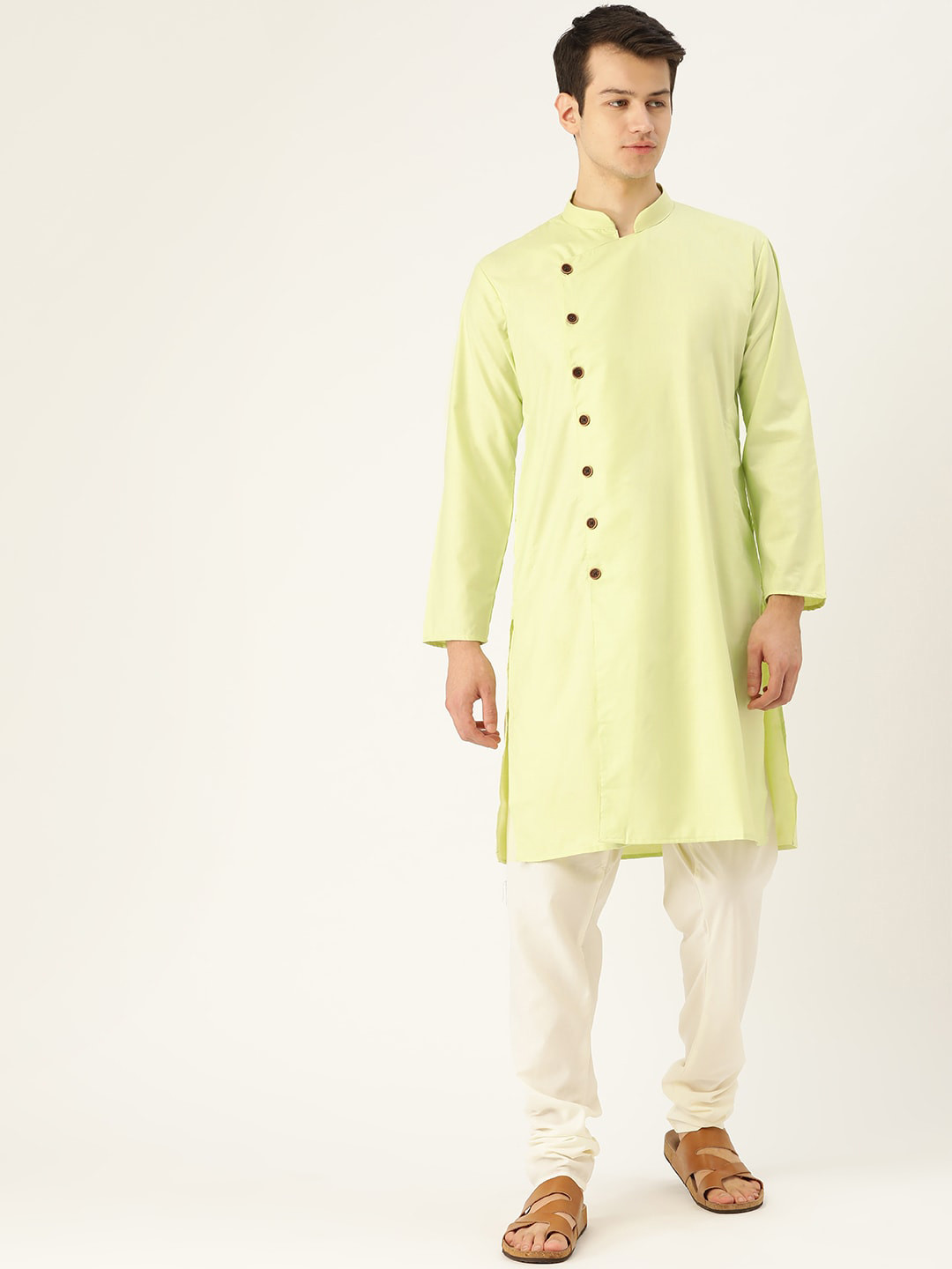 

SOJANYA Men Lime Green Solid Angrakha Straight Kurta