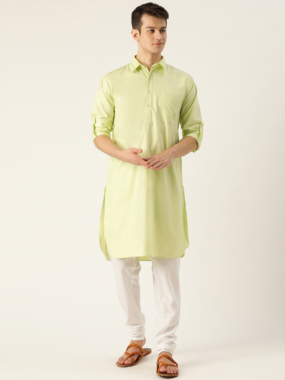 

SOJANYA Men Lime Green Solid Pathani Kurta