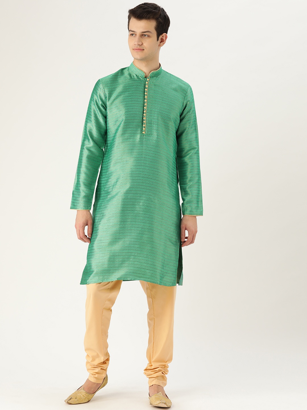 

SOJANYA Men Green & Beige Self Design Kurta with Churidar