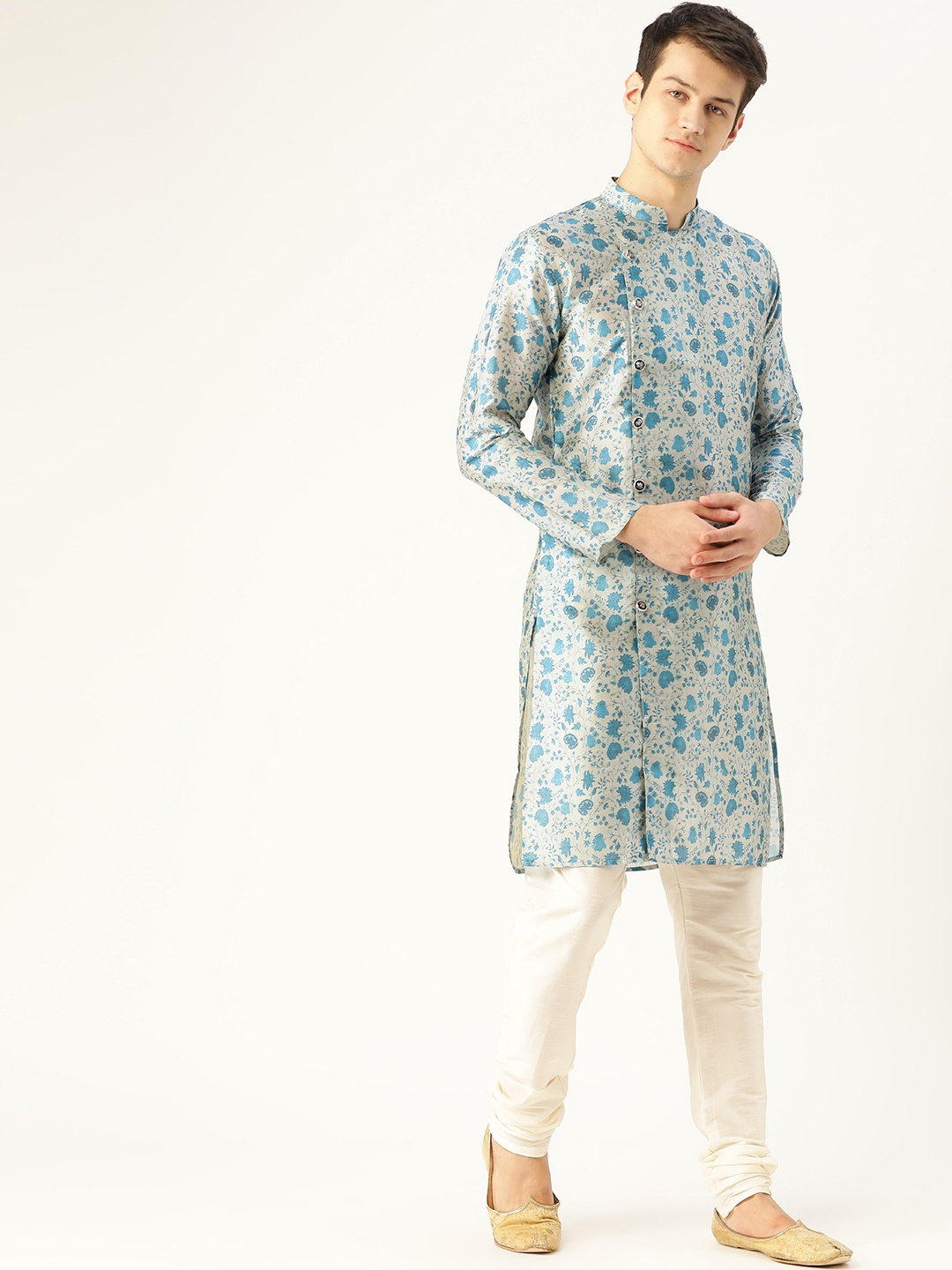 

SOJANYA Men Grey & Blue Floral Print Angrakha Straight Kurta