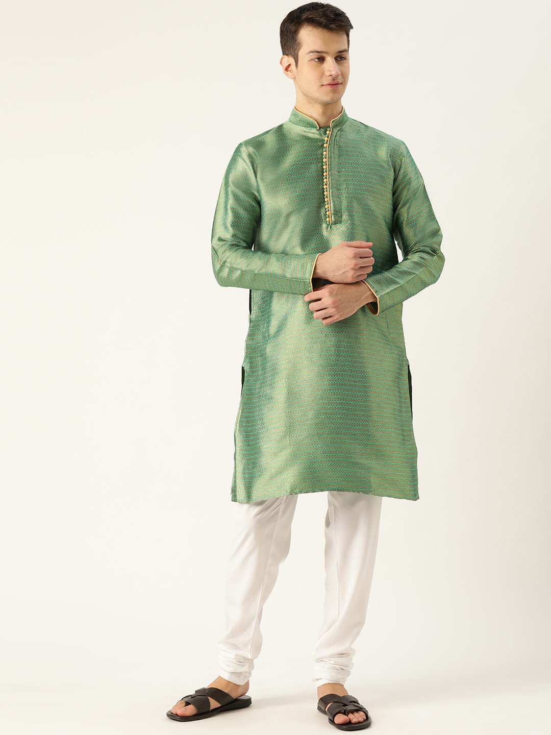 

SOJANYA Men Green & Golden Woven Design Straight Kurta