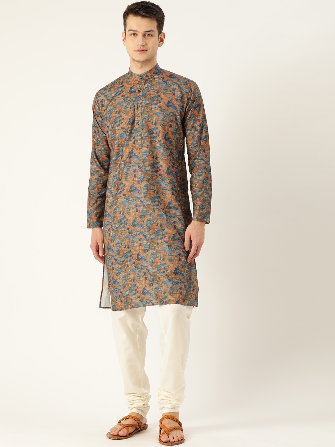 

SOJANYA Men Orange & Off-White Printed Kurta with Churidar
