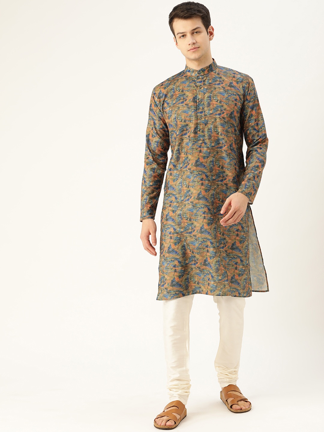 

SOJANYA Men Blue & Orange Printed Straight Kurta