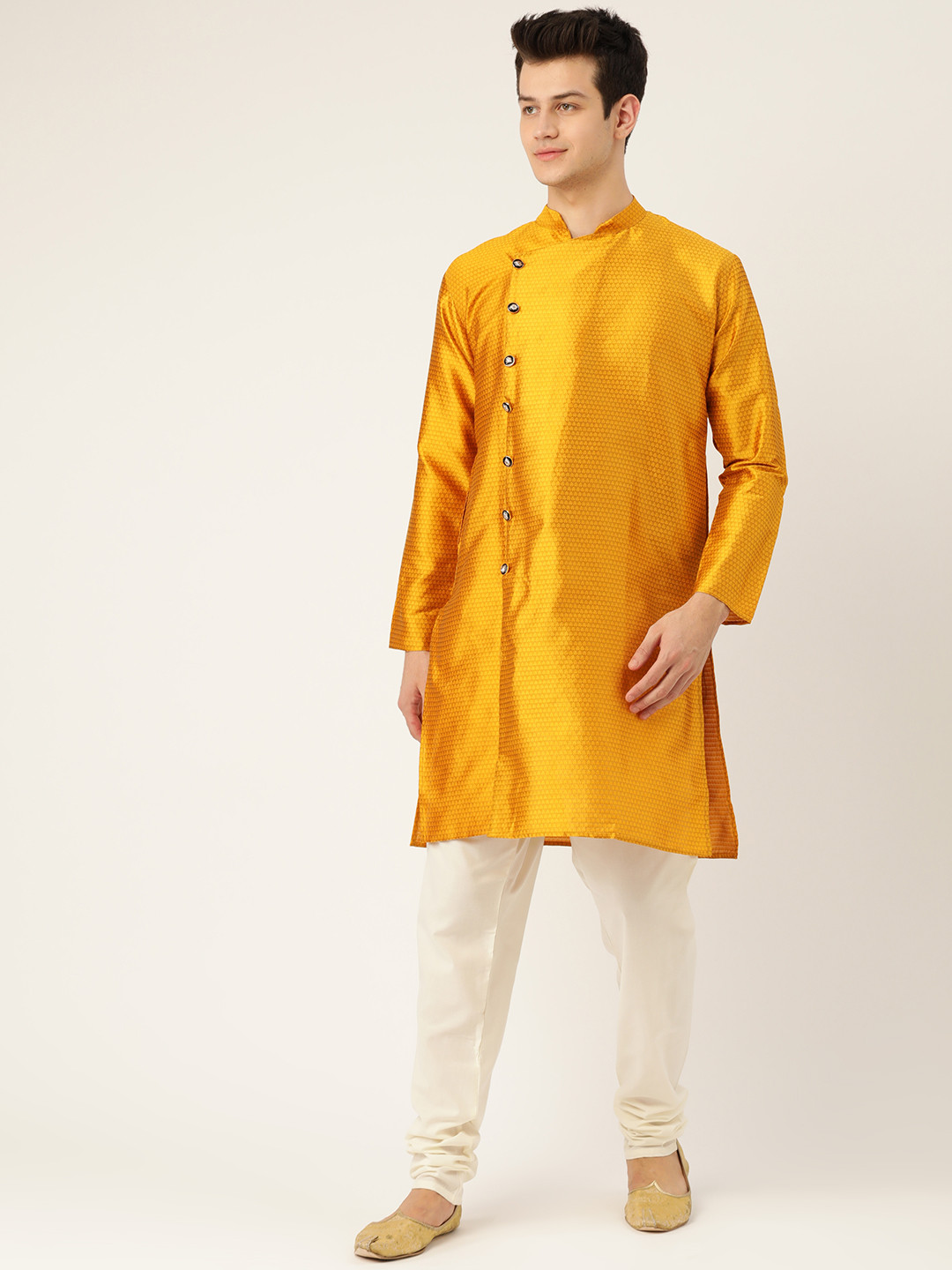 

SOJANYA Men Mustard Yellow Woven Design Angrakha Straight Kurta