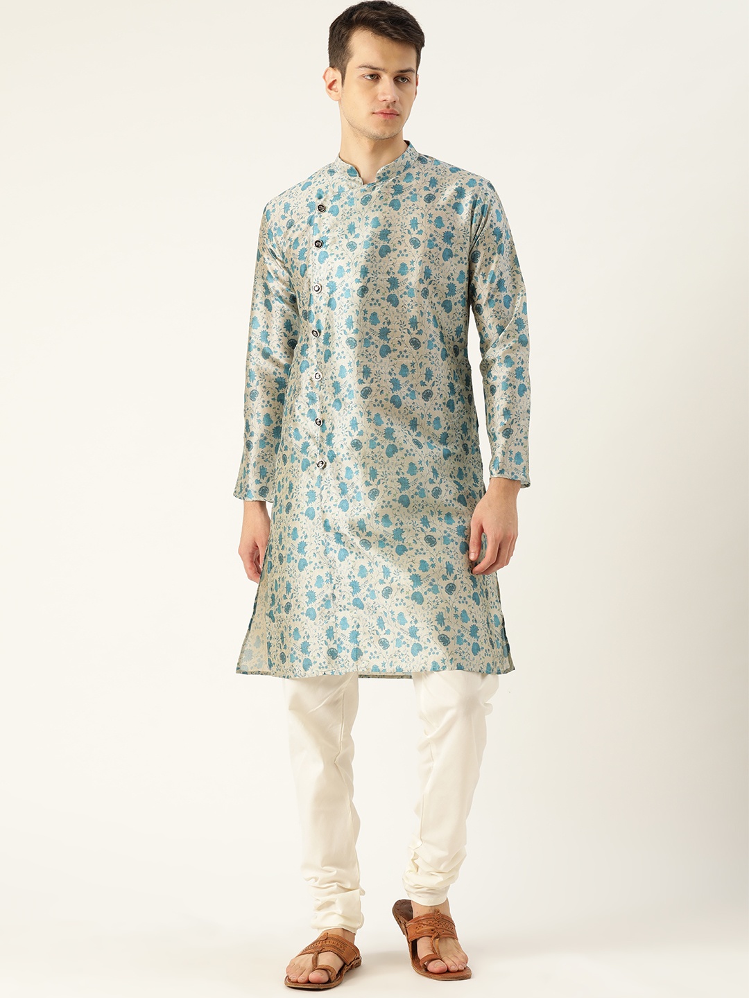 

SOJANYA Men Off-White & Blue Floral Printed Angrakha Kurta with Churidar