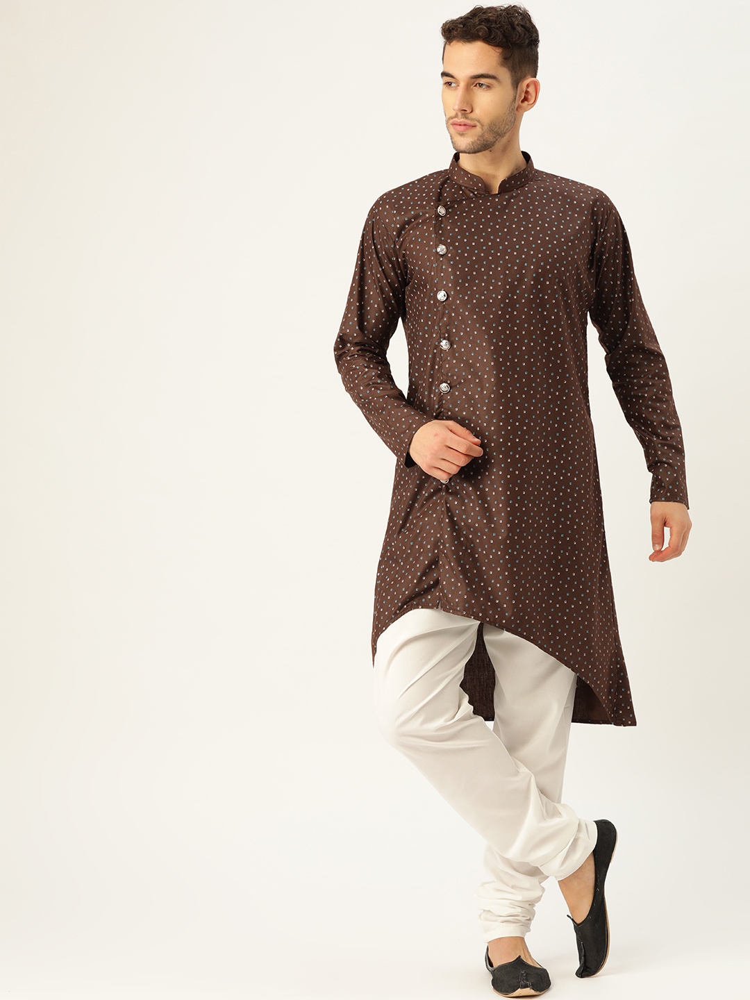 

SOJANYA Men Coffee Brown & Blue Printed Asymmetric Straight Kurta
