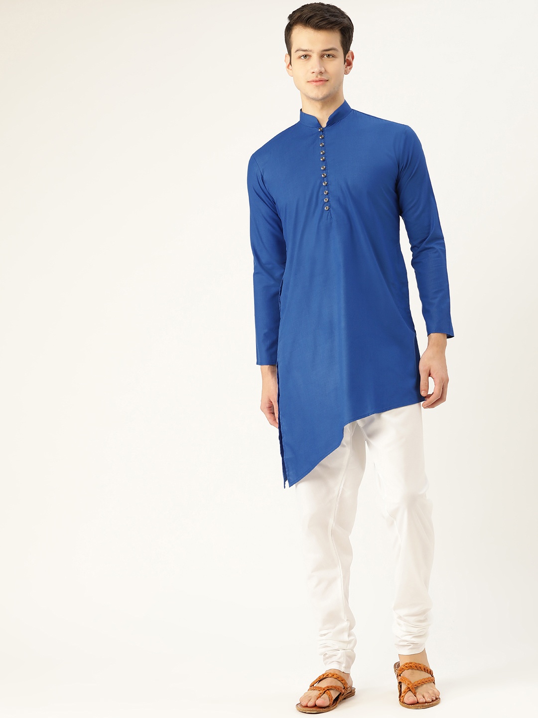 

SOJANYA Men Blue & White Solid Asymmetric Kurta with Churidar