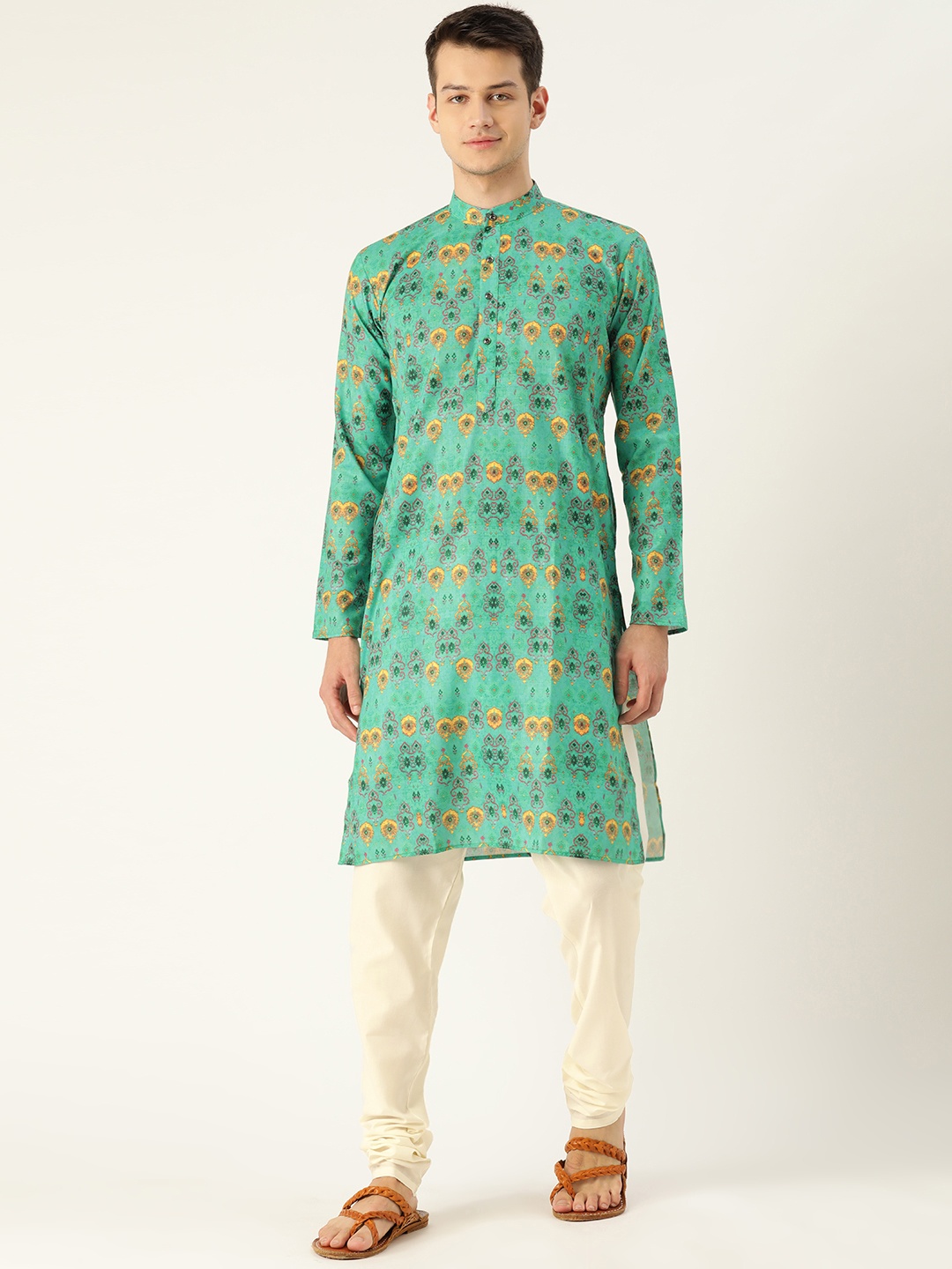 

SOJANYA Men Green & Off-White Printed Kurta with Churidar
