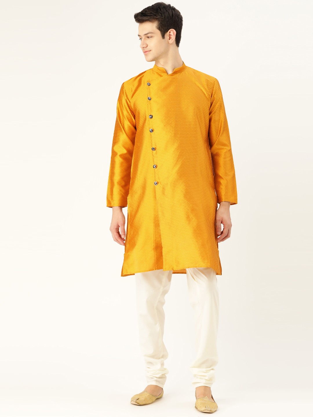

SOJANYA Men Mustard & Off-White Self Design Kurta with Churidar