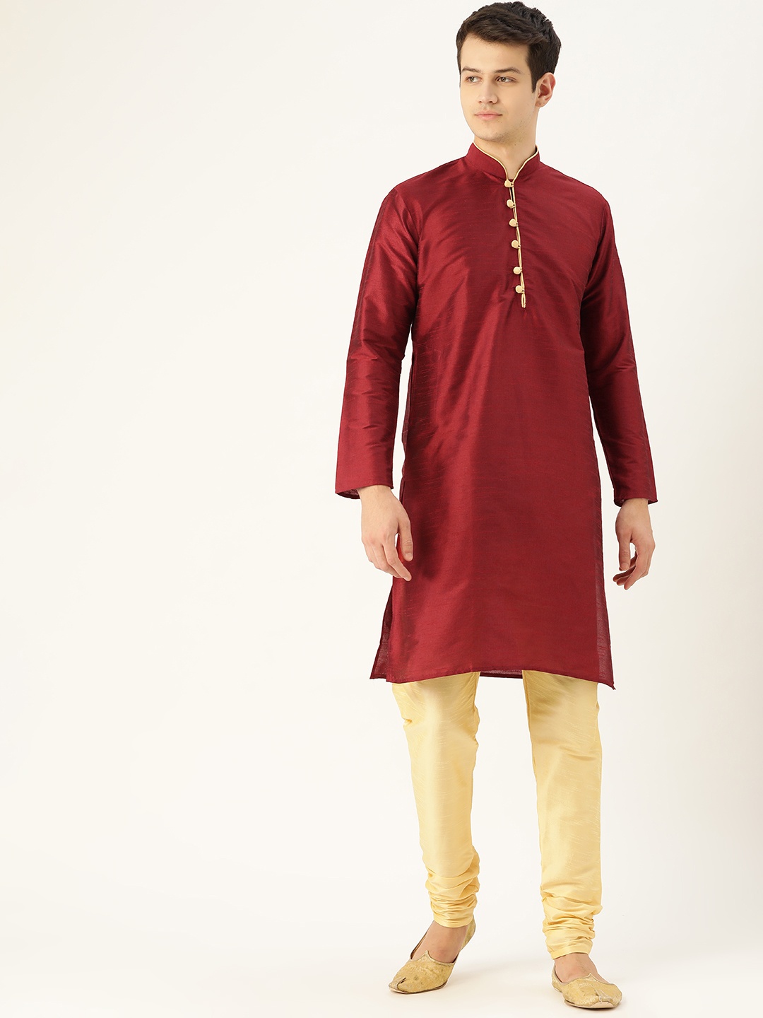 

SOJANYA Men Maroon & Beige Solid Kurta with Churidar