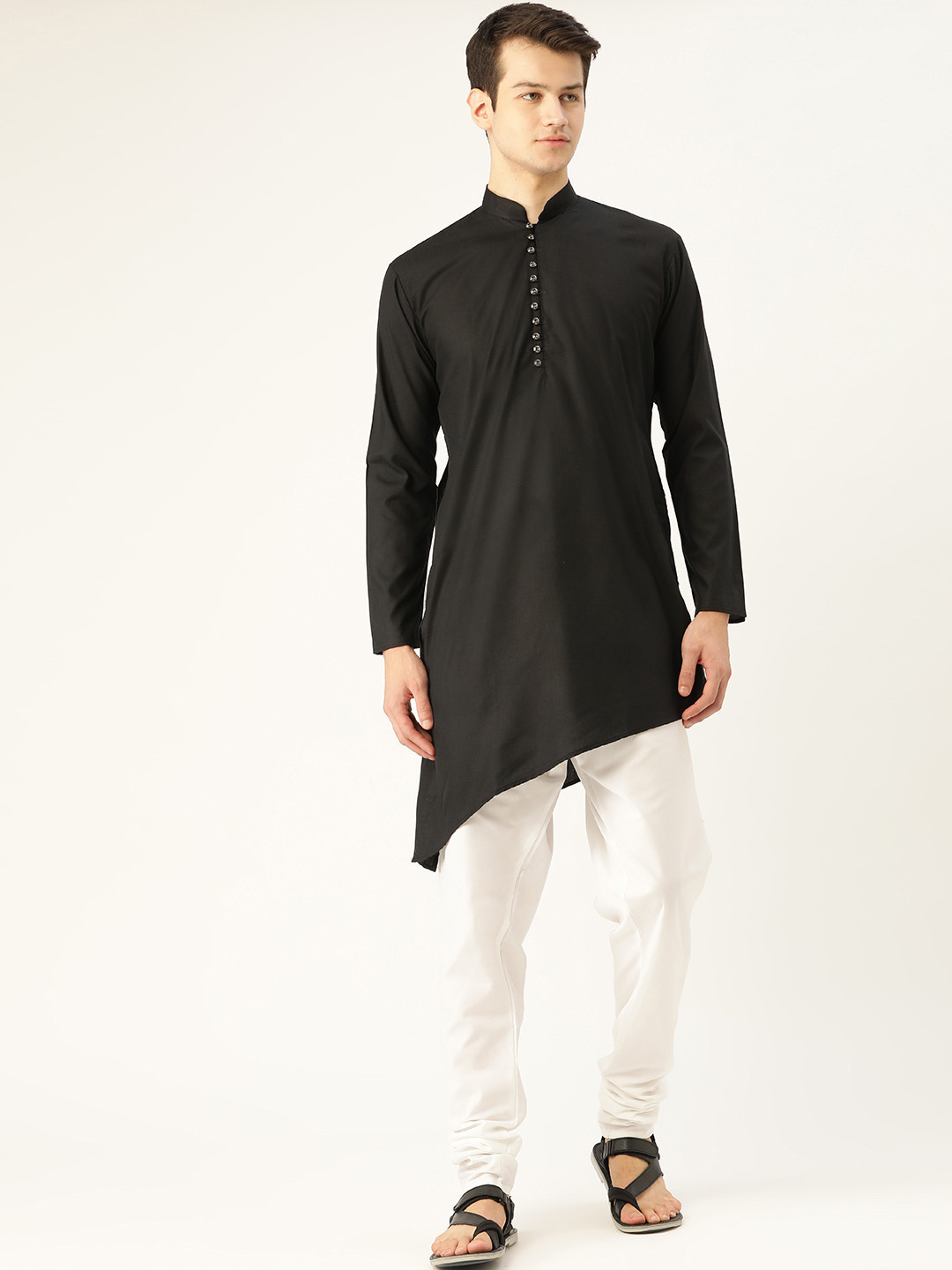 

SOJANYA Men Black & White Solid Asymmetric Kurta with Churidar
