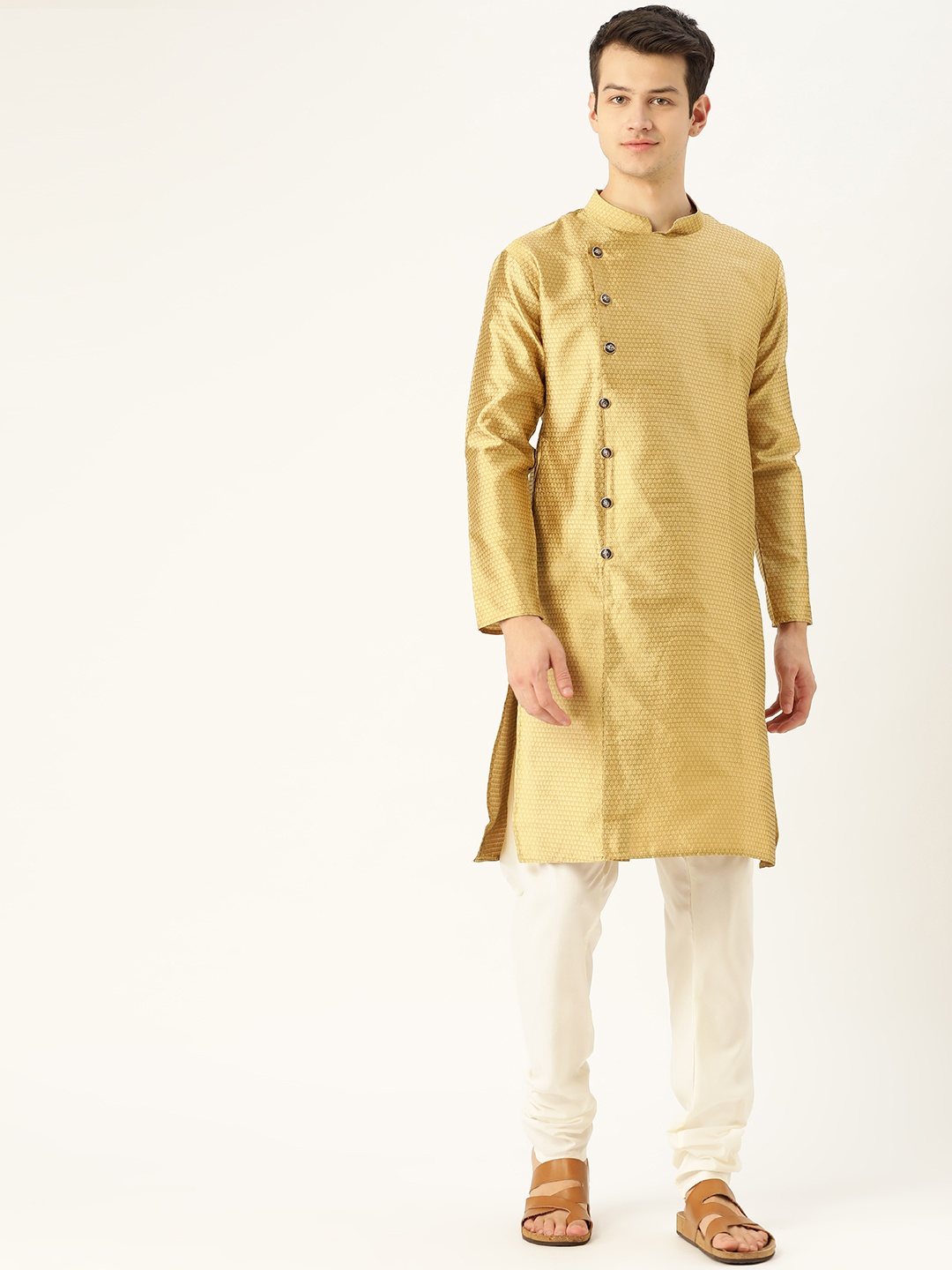 

SOJANYA Men Golden & Off-White Self Design Angrakha Kurta with Churidar, Gold