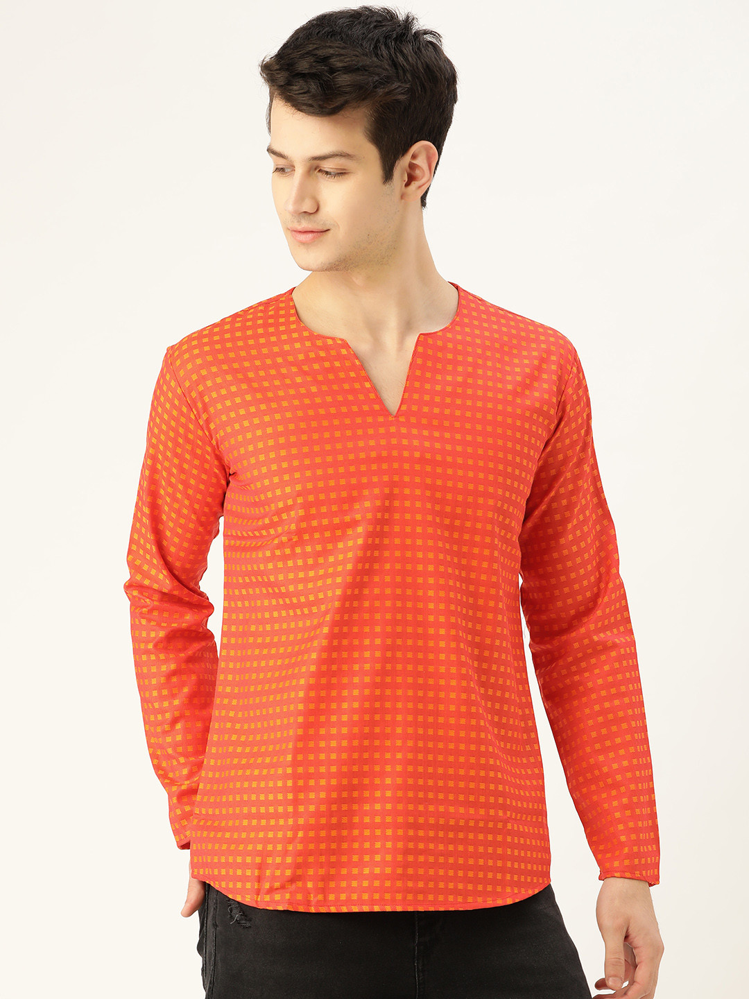 

SOJANYA Men Orange Checked Straight Kurta
