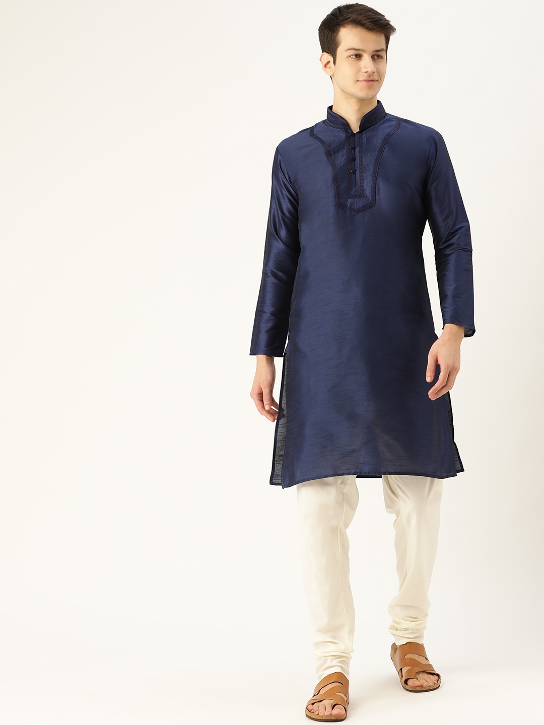 

SOJANYA Men Navy Blue & Off-White Solid Kurta with Churidar