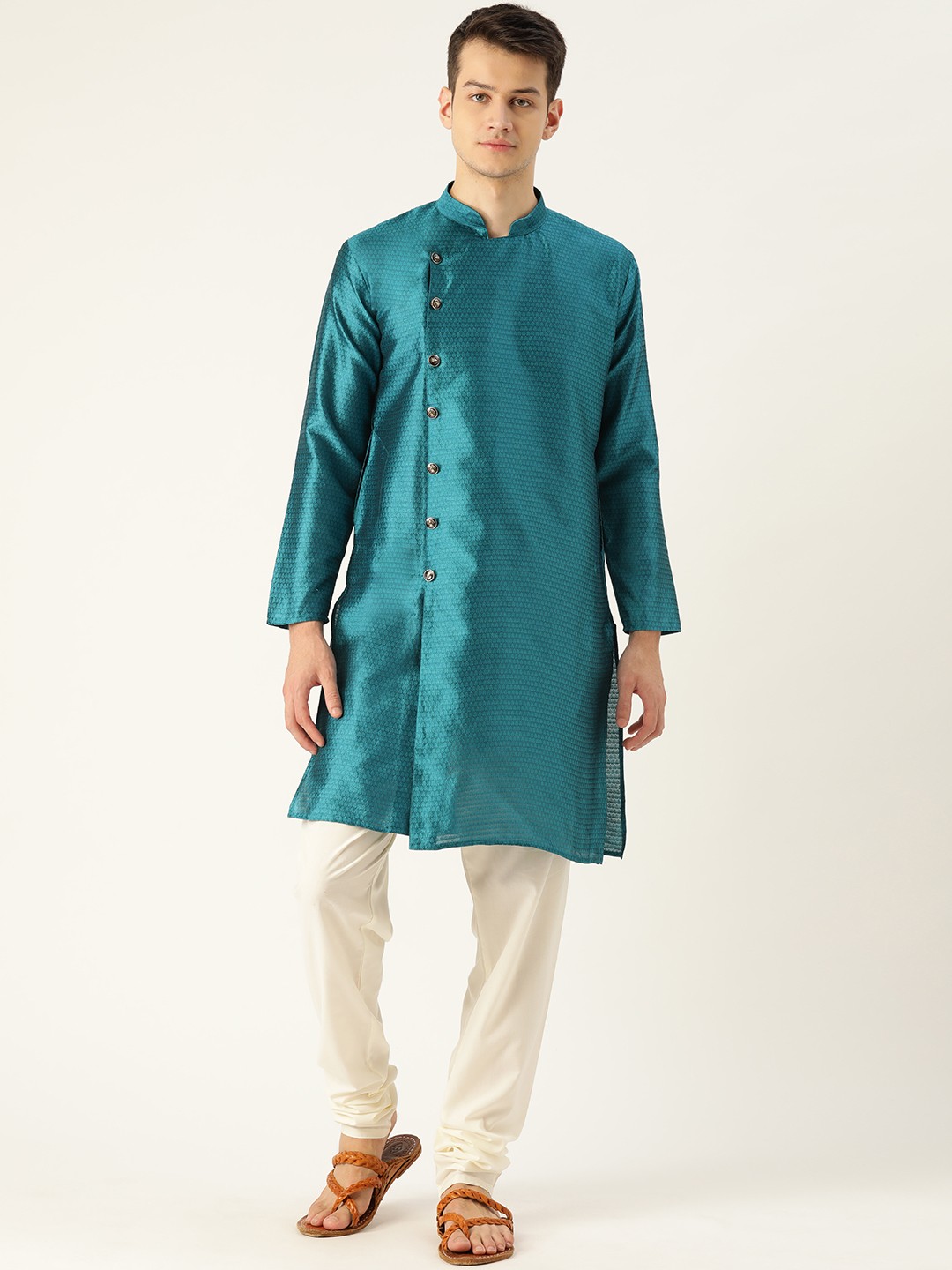 

SOJANYA Men Teal Blue & Off-White Woven Design Angrakha Kurta with Churidar