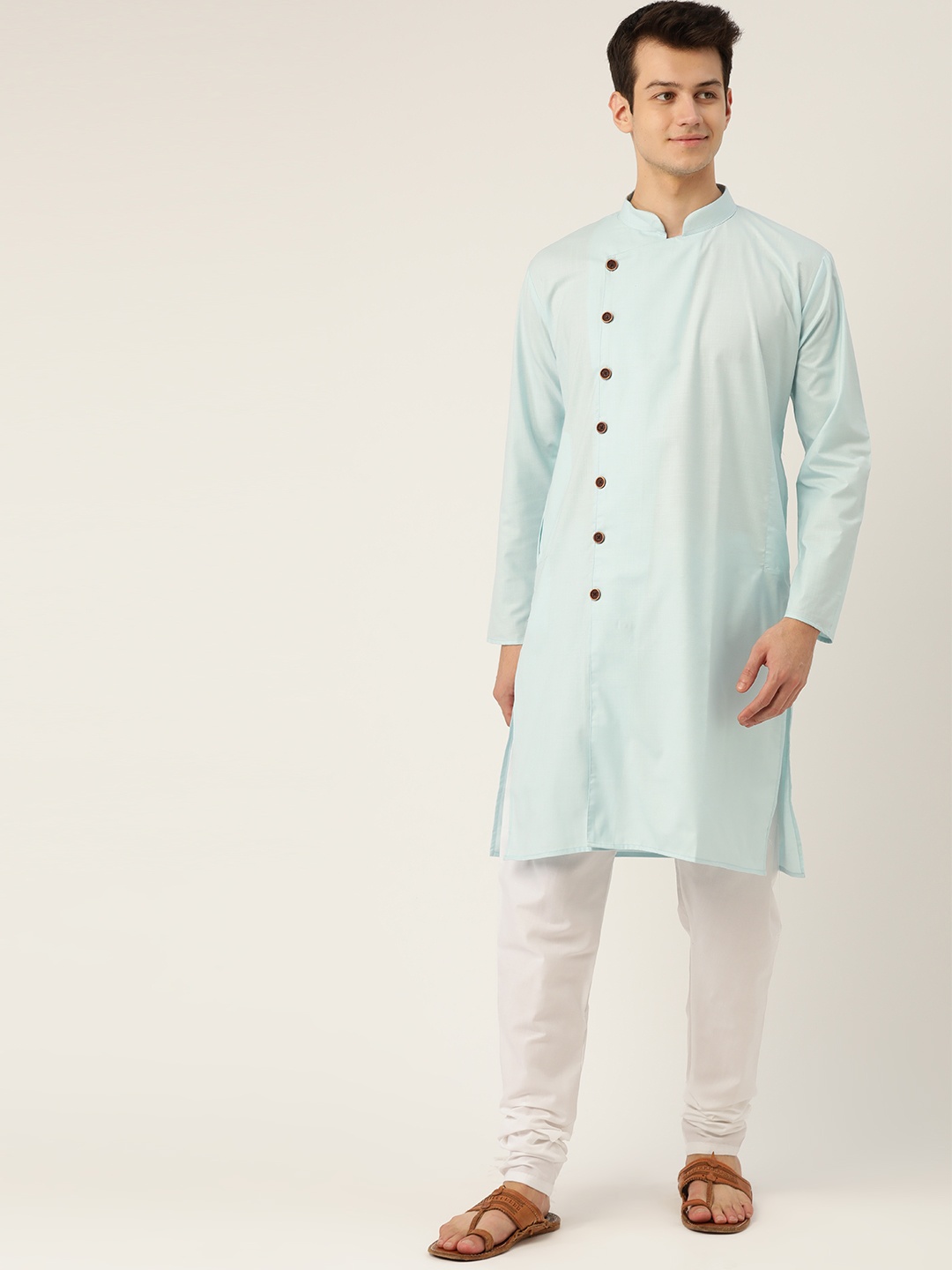 

SOJANYA Men Blue & White Solid Angrakha Kurta with Churidar