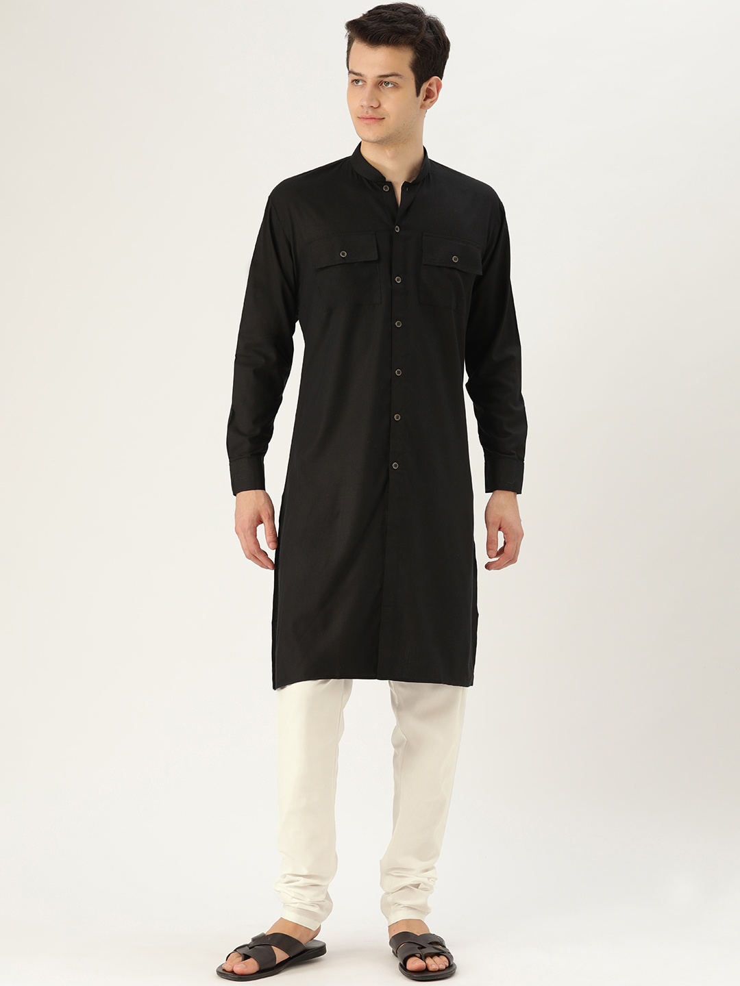 

SOJANYA Men Black & Off-White Solid Kurta with Churidar