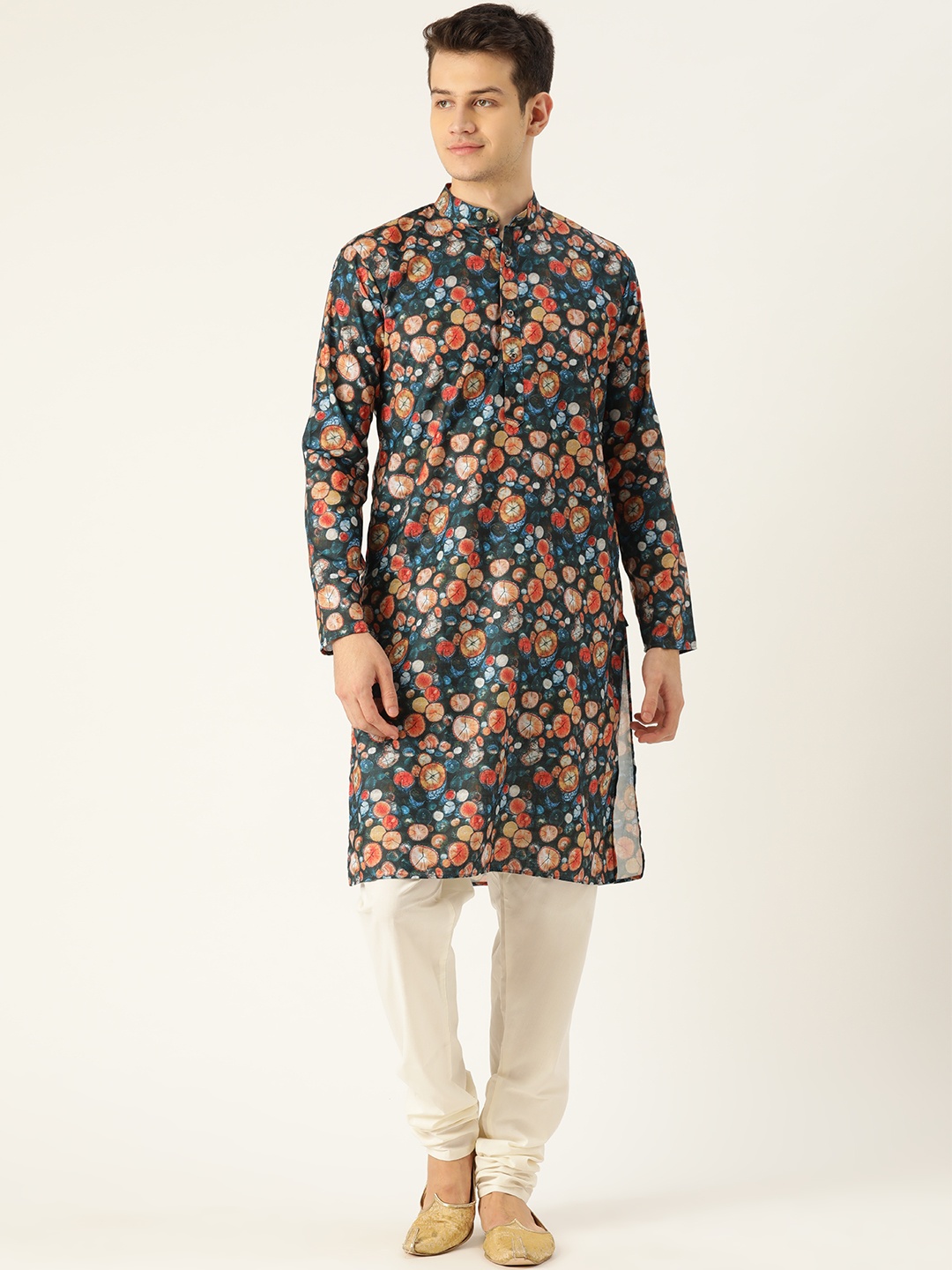 

SOJANYA Men Teal Blue & Rust Orange Geometric Printed Straight Kurta