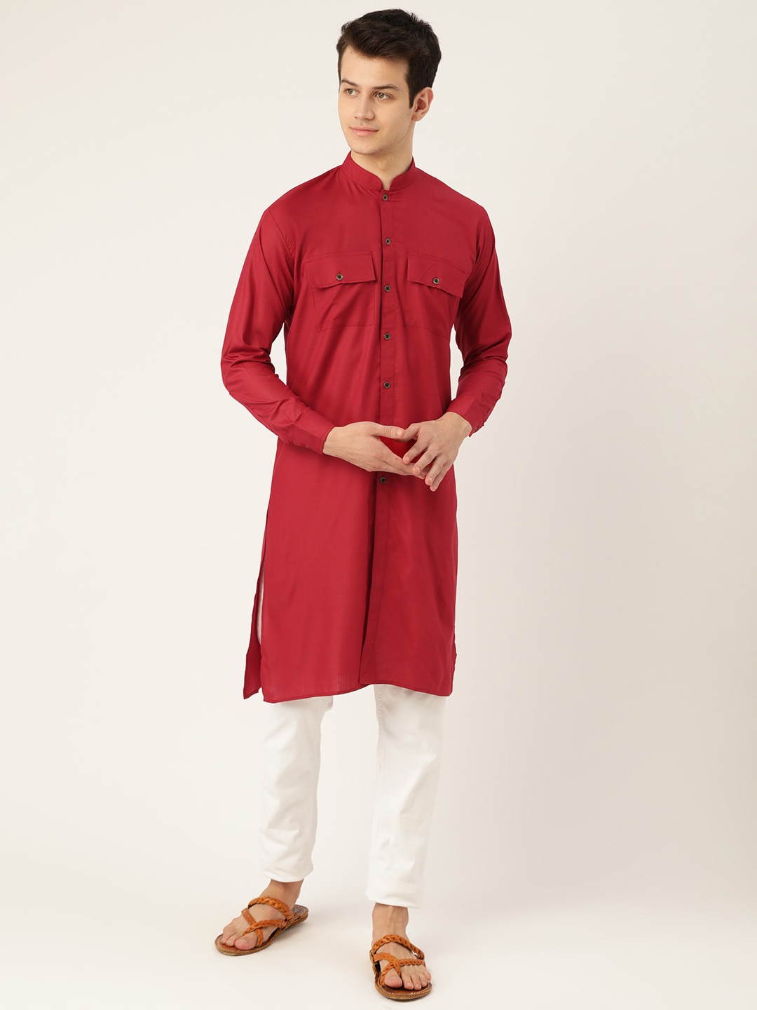 

SOJANYA Men Red Solid Straight Kurta