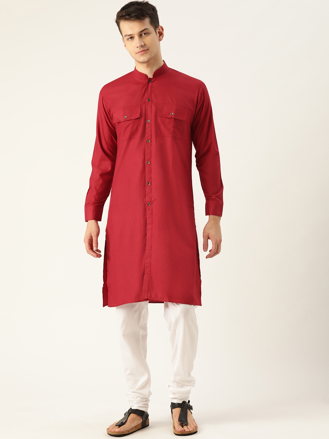 

SOJANYA Men Red & White Solid Kurta with Churidar