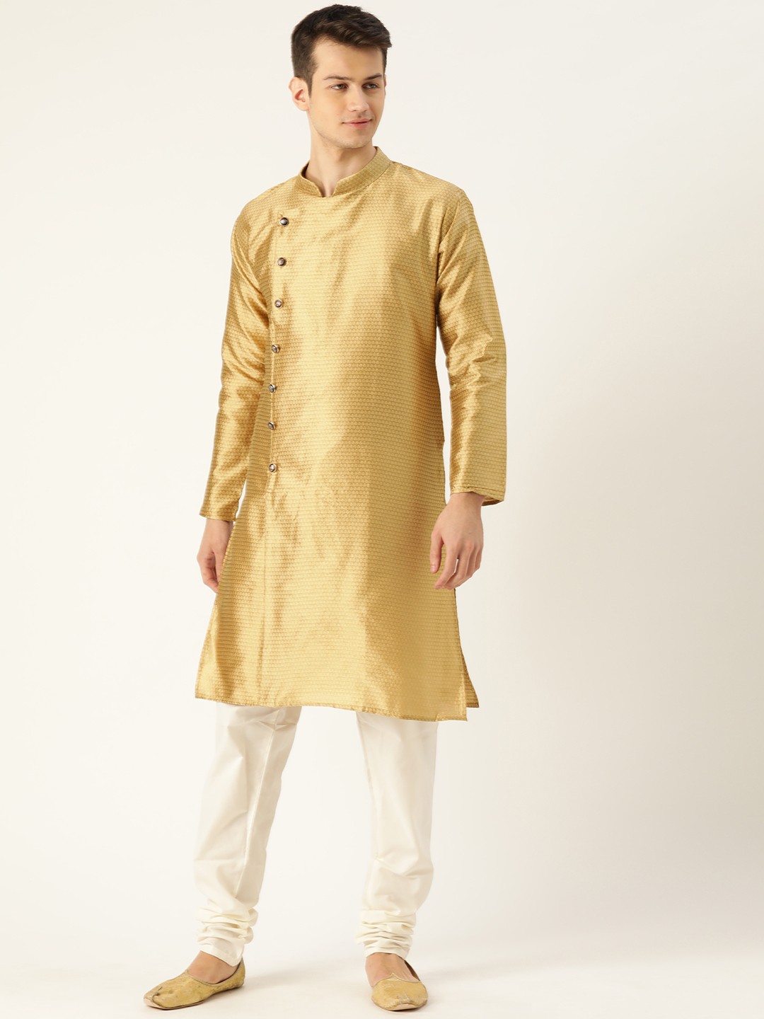 

SOJANYA Men Golden Woven Design Angrakha Straight Kurta, Gold