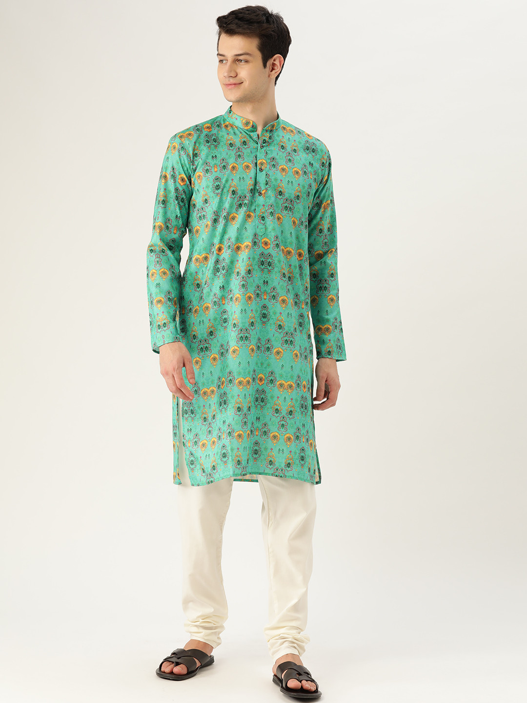 

SOJANYA Men Green & Mustard Yellow Ethnic Motif Print Straight Kurta