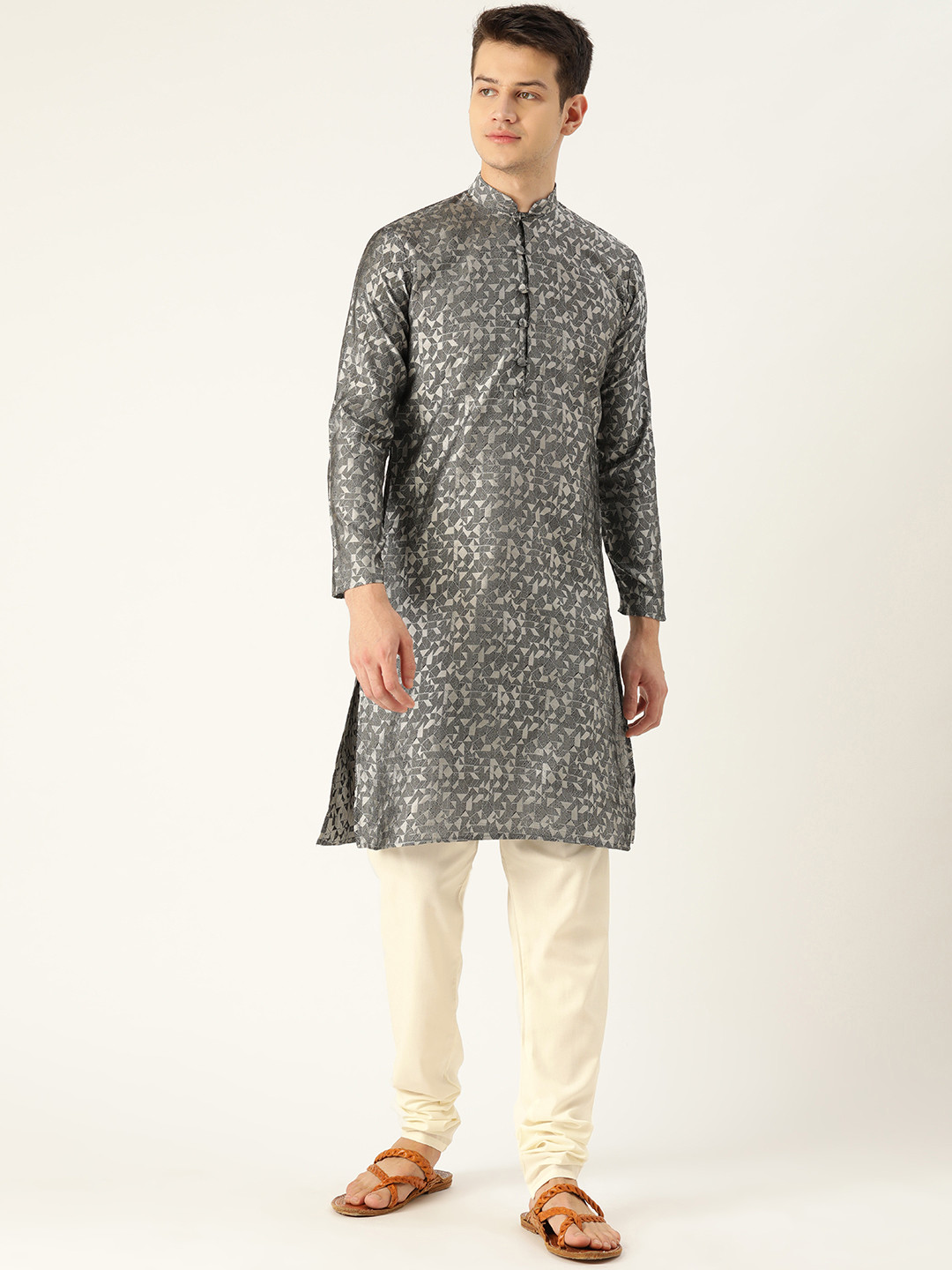 

SOJANYA Men Grey & Off-White Woven Design Kurta with Churidar