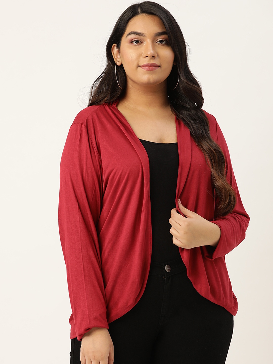 

Rute Women Red Solid Plus Size Open Front Shrug