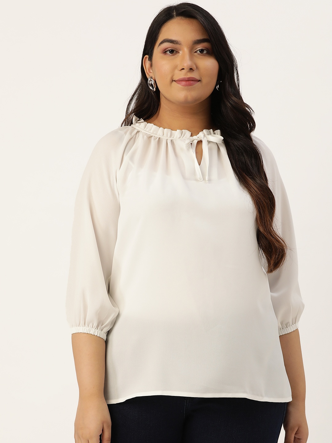 

Rute Women White Semi-Sheer Solid Plus Size Top
