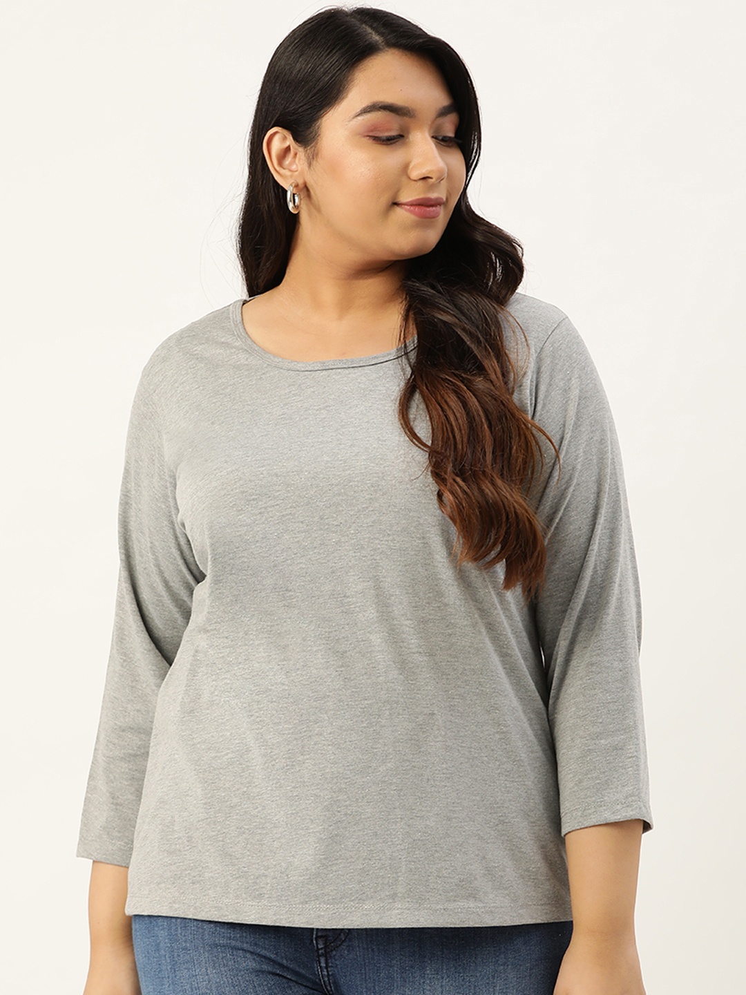 

Rute Women Grey Melange Solid Plus Size Round Neck Pure Cotton T-shirt