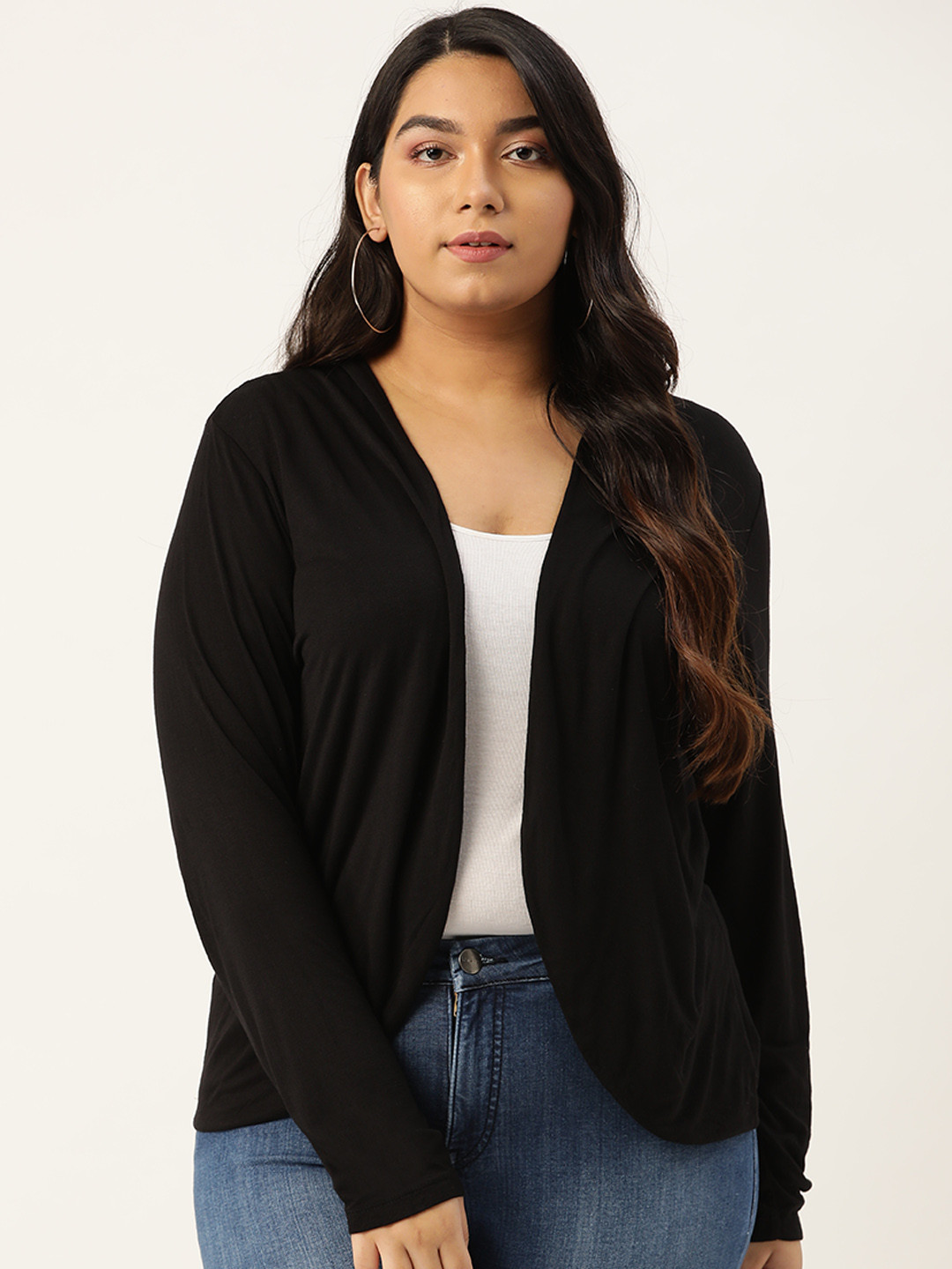 

Rute Women Black Solid Plus Size Open Front Shrug