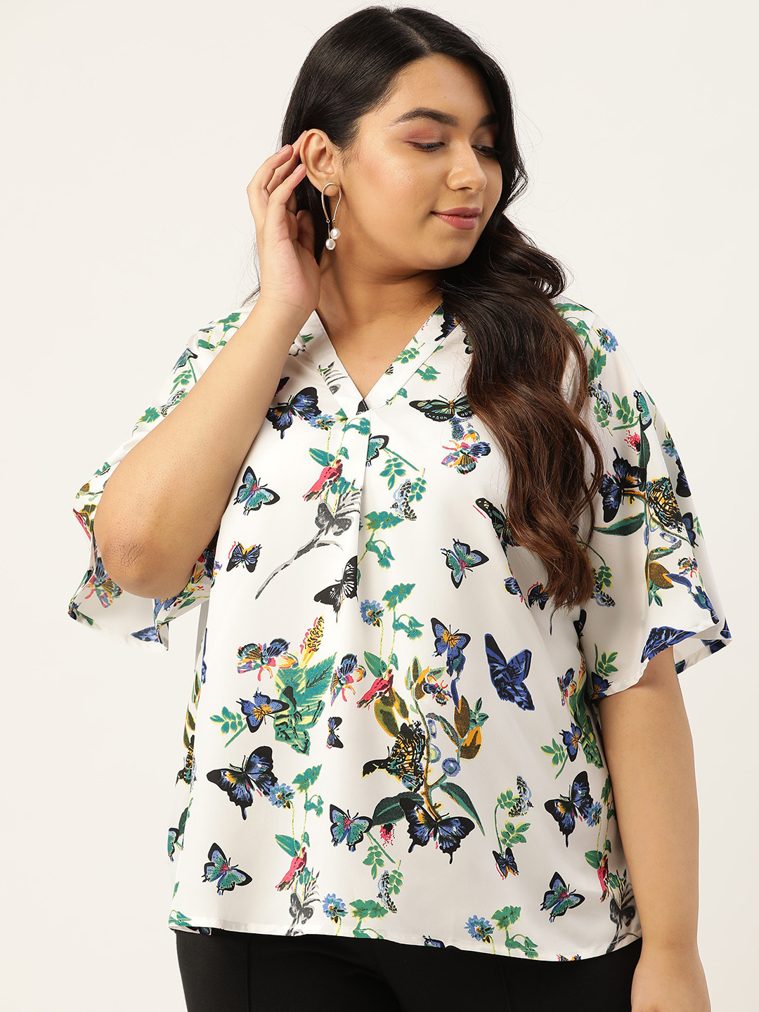 

Rute Women Off-White & Green Butterfly Print Plus Size Top