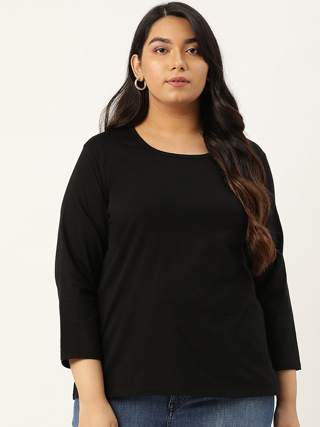 

Rute Women Black Solid Plus Size Round Neck Pure Cotton T-shirt
