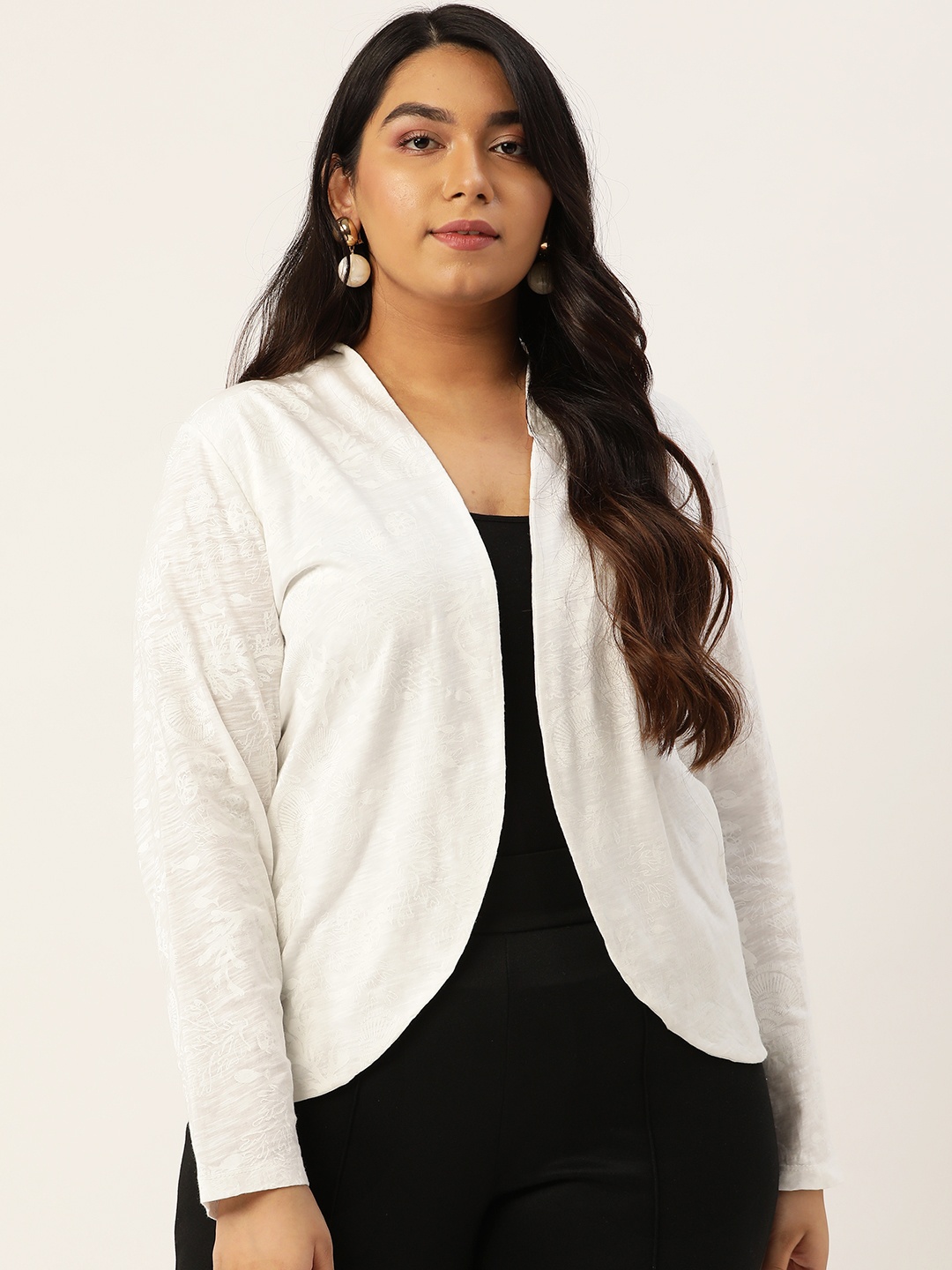

Rute Women White Self Design Plus Size Open Front Shrug