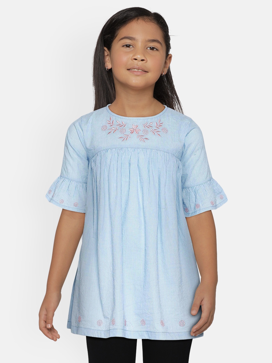 

METRO KIDS COMPANY Girls Blue Striped A-Line Top