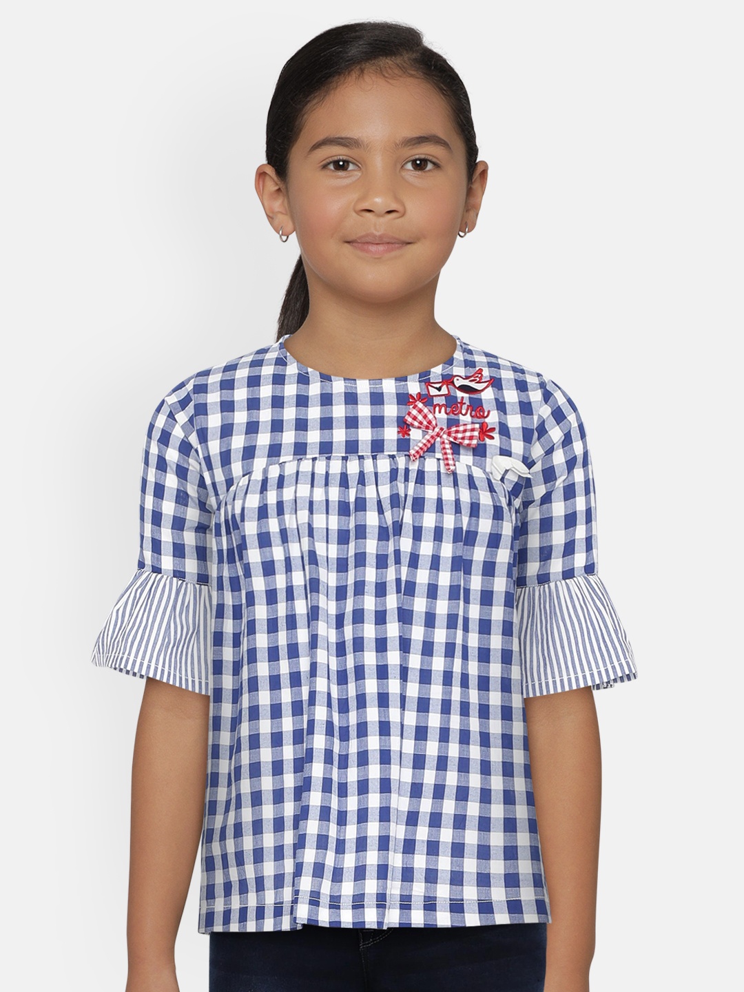 

METRO KIDS COMPANY Girls Navy Blue Checked Top