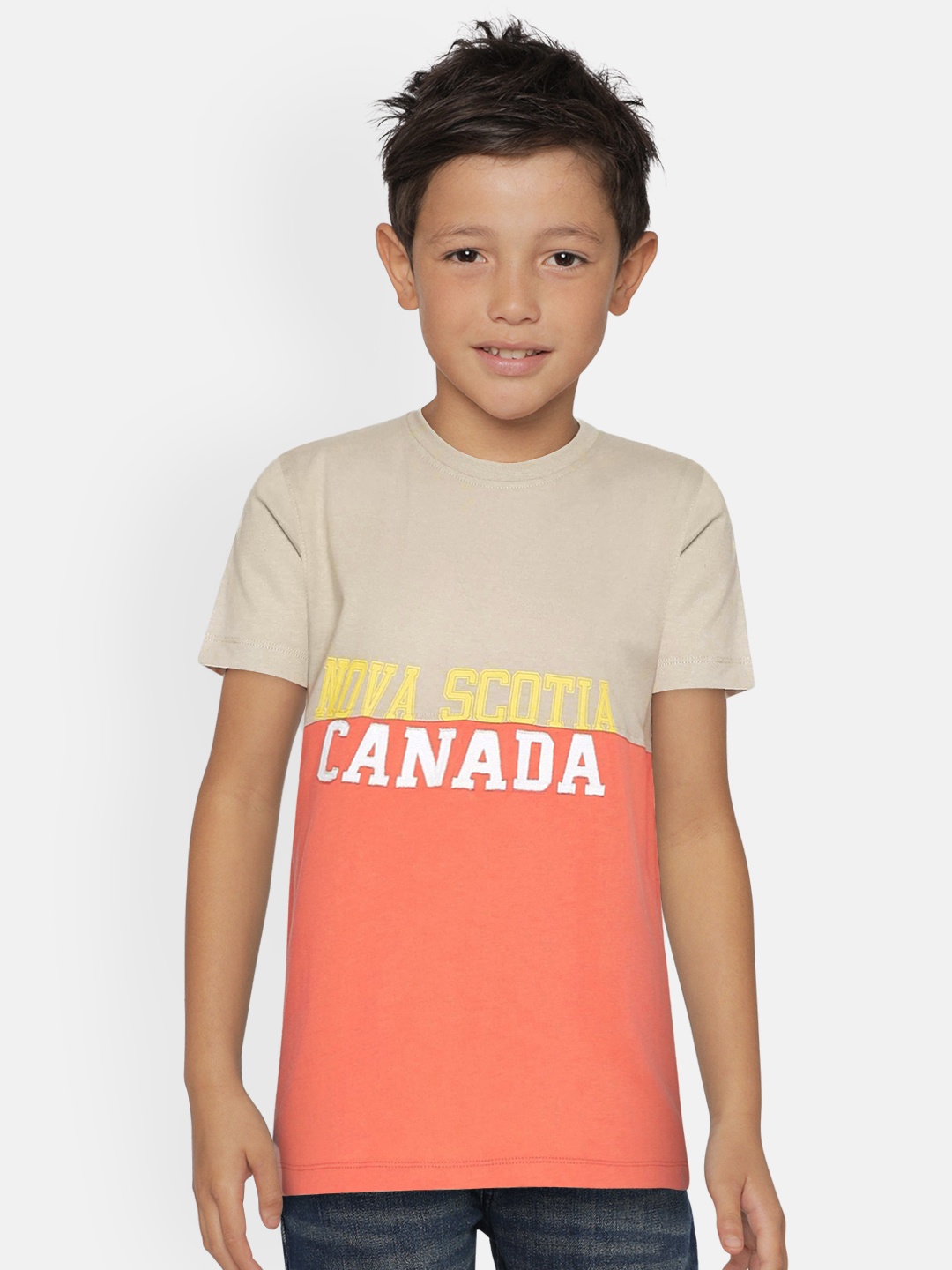 

METRO KIDS COMPANY Boys Beige & Coral Printed Round Neck T-shirt