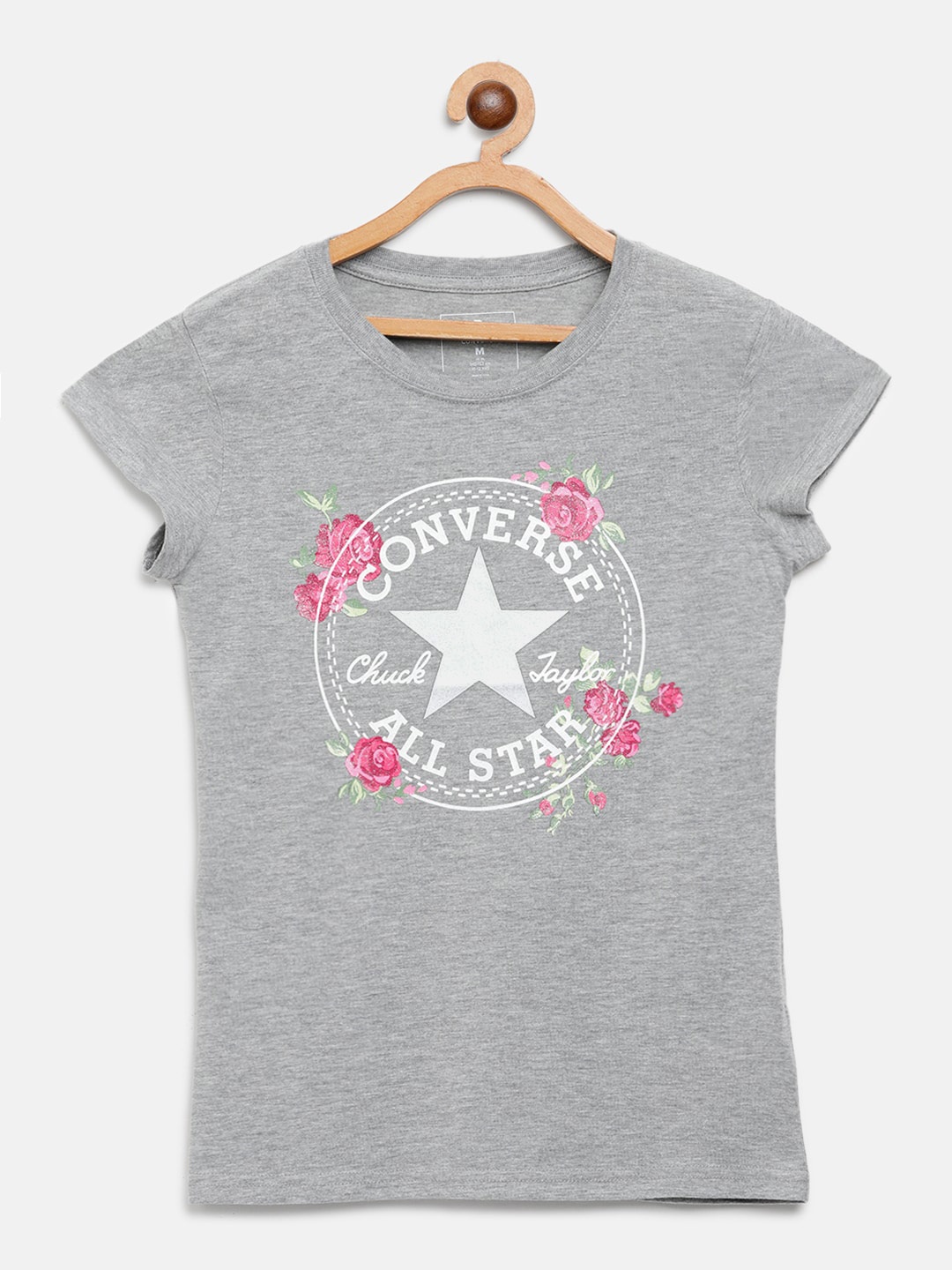 

Converse Girls Grey Melange & White Brand Logo Print Round Neck T-shirt