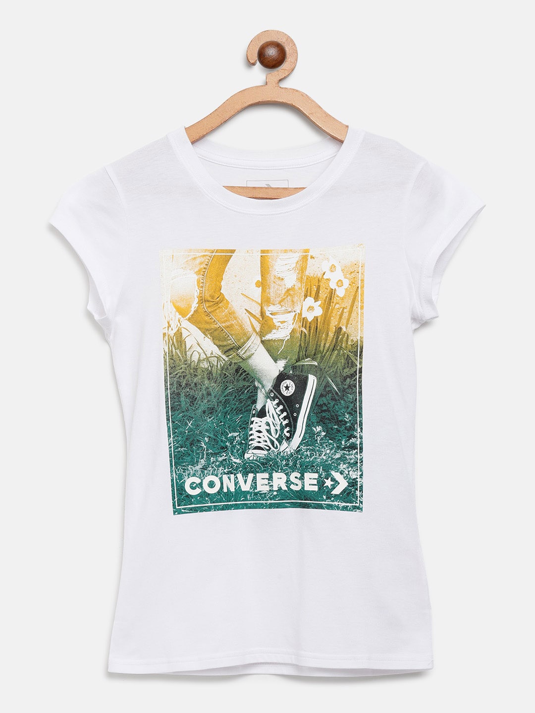 

Converse Girls White & Green Graphic & Brand Logo Print Round Neck T-shirt