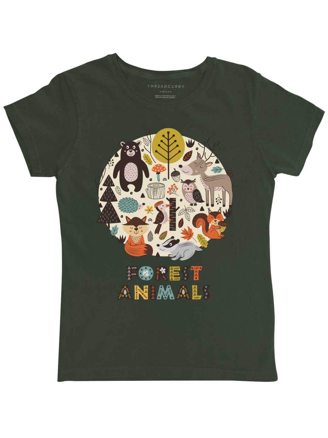 

THREADCURRY Girls Olive Green Printed Round Neck T-shirt
