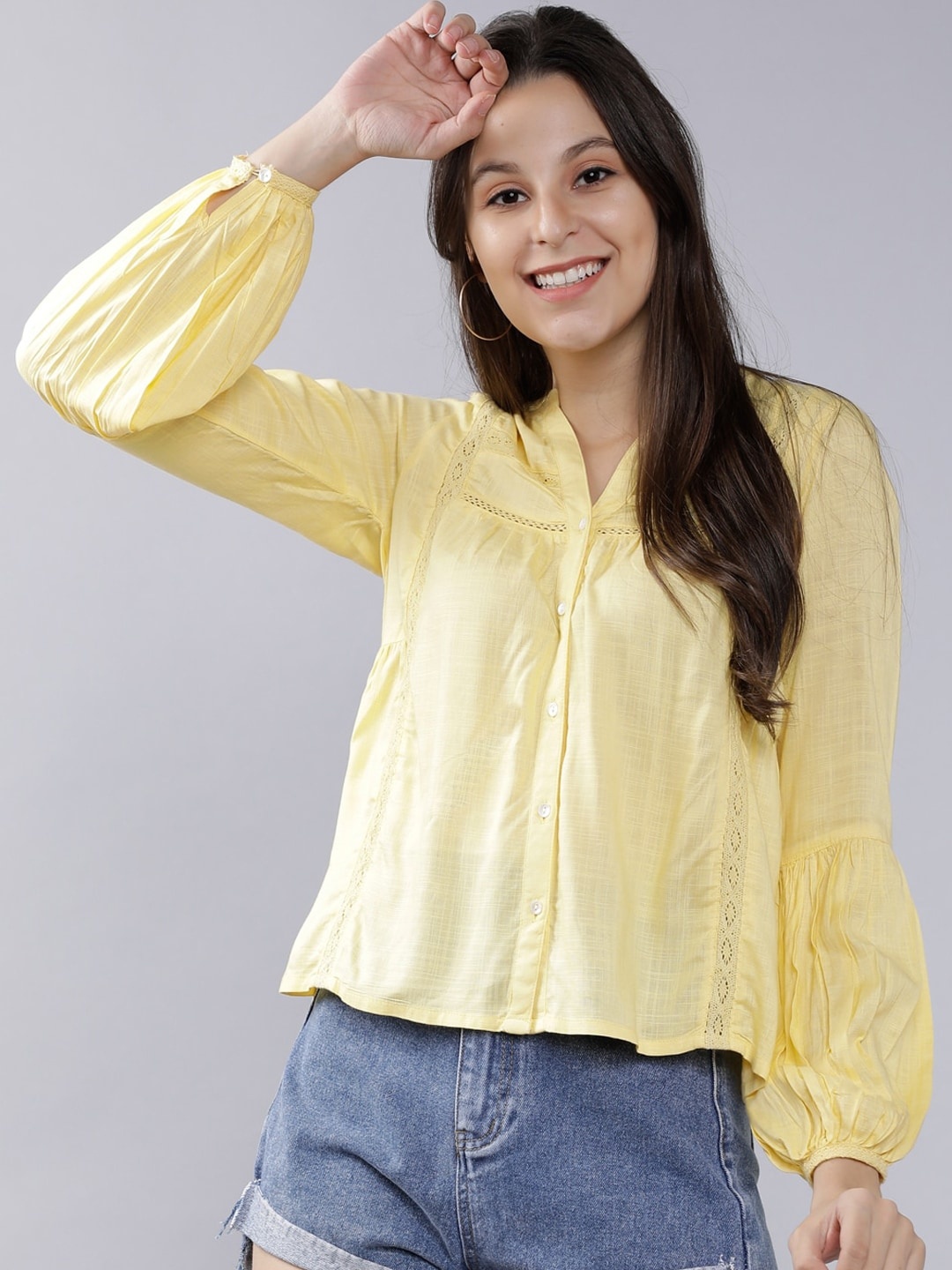 

Tokyo Talkies Women Yellow Solid Shirt Style Top