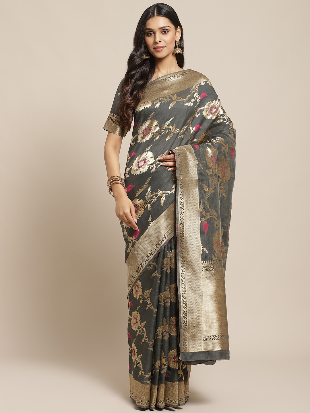

Readiprint Fashions Charcoal Grey & Golden Woven Design Banarasi Saree