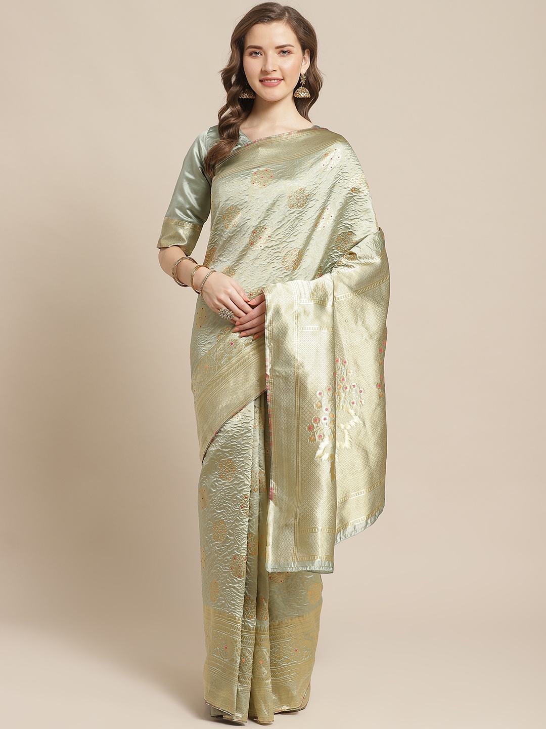 

Readiprint Fashions Green & Golden Ethnic Woven Design Saree