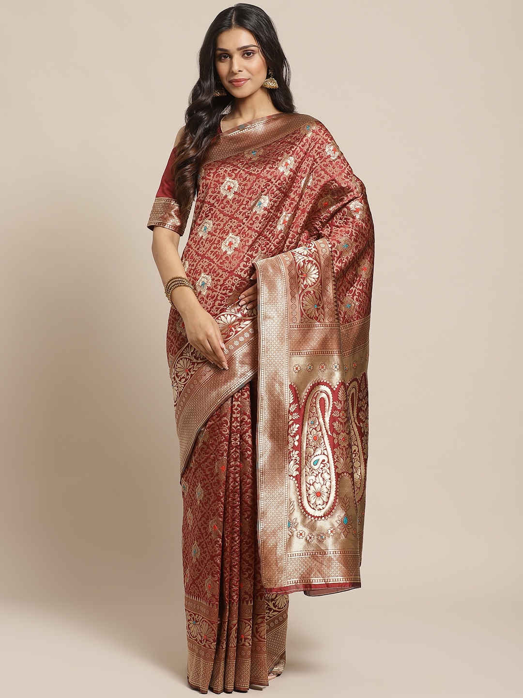 

Readiprint Fashions Maroon & Golden Woven Design Saree