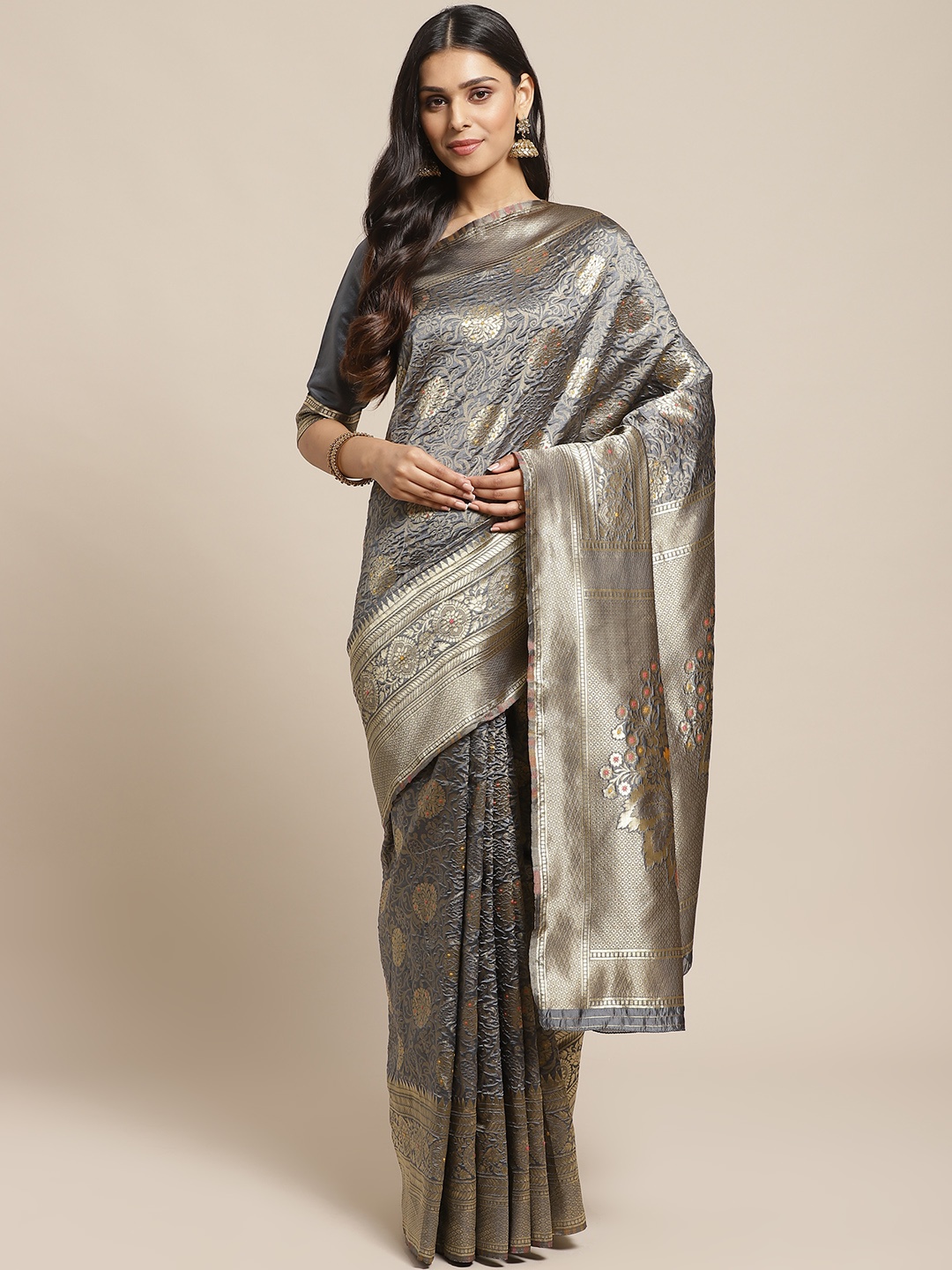 

Readiprint Fashions Grey & Golden Woven Design Kanjeevaram Saree
