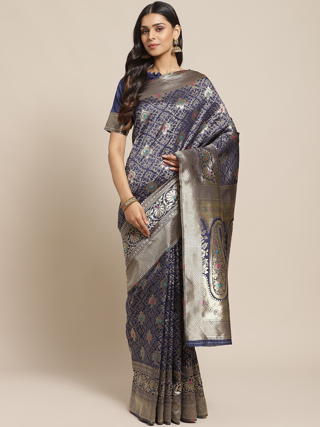 

Readiprint Fashions Navy Blue & Golden Woven Design Banarasi Saree